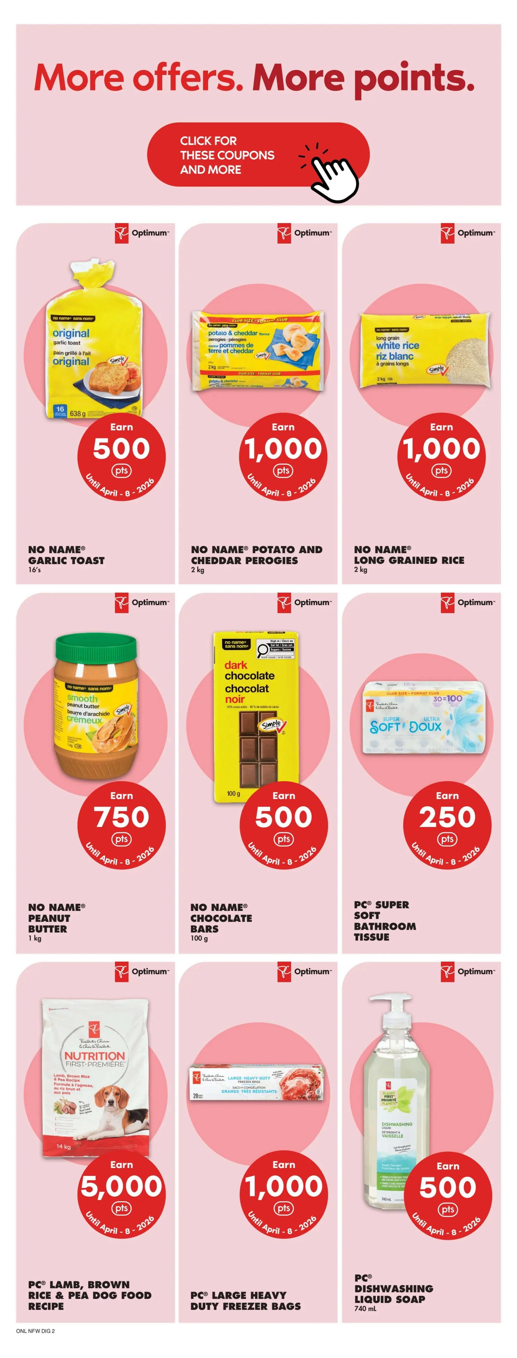 Page 19 of the No Frills flyer featuring 'More offers. More points.' with a call to action to click for coupons. Products include No Name Garlic Toast, earn 500 points; No Name Potato and Cheddar Perogies, earn 1,000 points; No Name Long Grained Rice, earn 1,000 points; No Name Peanut Butter, earn 750 points; No Name Chocolate Bars, earn 500 points; PC Super Soft Bathroom Tissue, earn 250 points; PC Lamb, Brown Rice & Pea Dog Food Recipe, earn 5,000 points; PC Large Heavy Duty Freezer Bags, earn 1,000 points; and PC Dishwashing Liquid Soap, earn 500 points. All offers are valid until April 8, 2026.