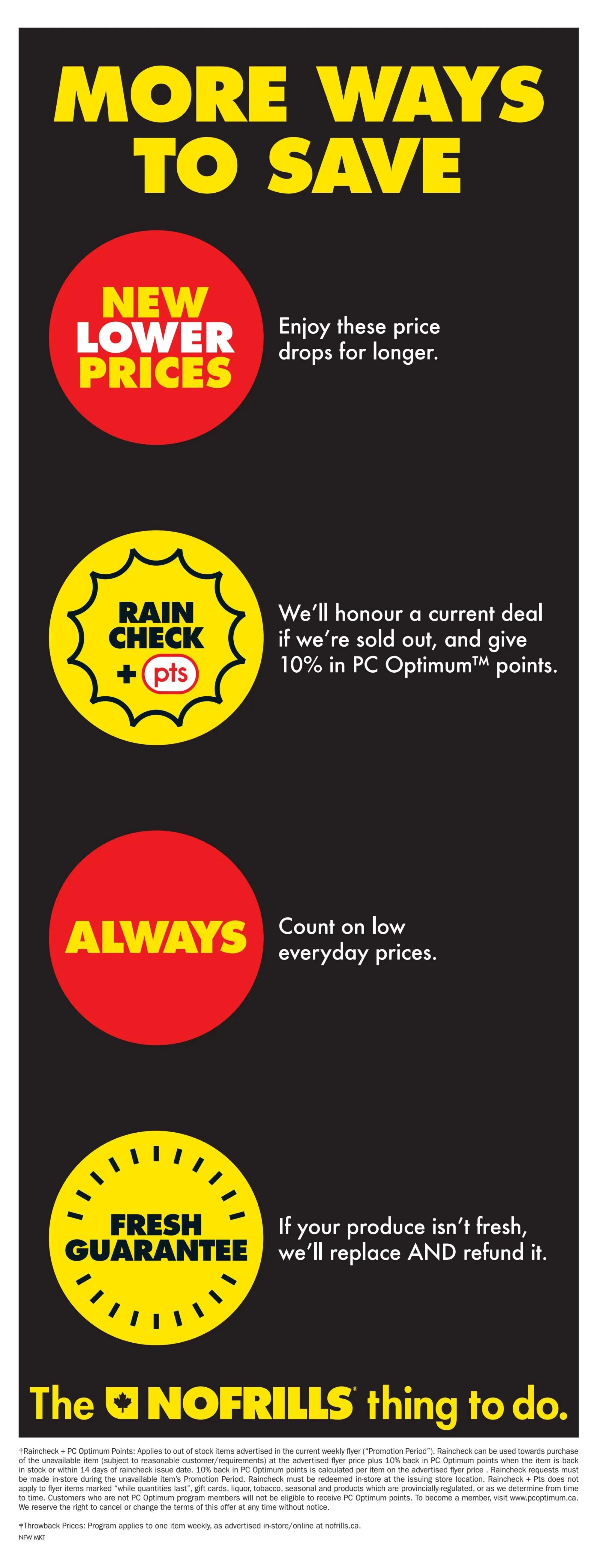 No Frills flyer page 23 highlights 'More Ways to Save'. Features include 'New Lower Prices' for longer-lasting price drops, 'Rain Check + Pts' where a current deal is honoured with 10% back in PC Optimum points if an item is sold out, 'Always' for low everyday prices, and a 'Fresh Guarantee' promising replacement and refund for produce that isn't fresh. The page also states 'The No Frills thing to do.' with detailed terms and conditions for Raincheck + PC Optimum Points and Throwback Prices programs.
