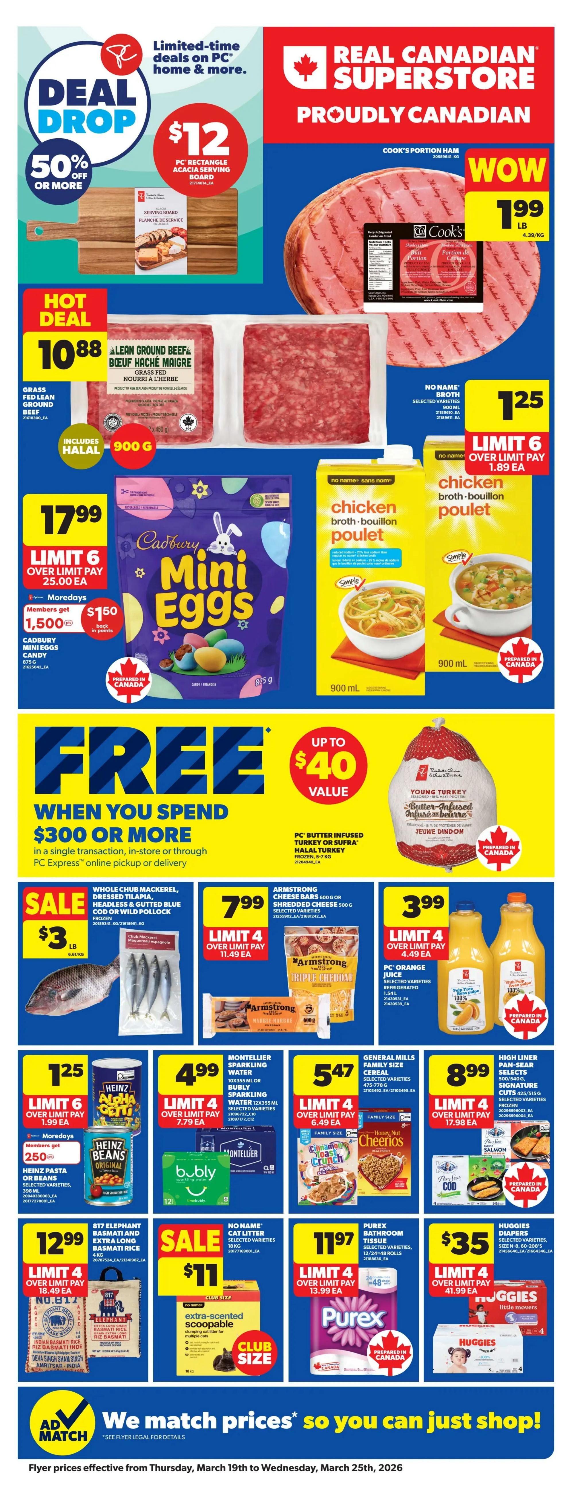 Real Canadian Superstore Hot Deals page featuring up to 30% off PC Batteries, selected varieties, with prices ranging from $2.80 to $21.00 after savings. Also, find kids or adult books on sale, including 'I've Just a Dog!' by Sandra Boynton and 'Heated Rivalry' by Rachel Reid. Moredays offer: Members get 5,000 PC Optimum points when spending $25 on Aveeno hair, body care, skincare, or baby products, selected varieties and sizes. Milk-Bone Dog Biscuits, selected varieties, 750-900g, are on sale for $4 with a limit of 4. Members also get 4,000 PC Optimum points back in points when spending $10 on Blue Buffalo cat or dog treats, selected varieties, 56-340g. Features Blue Buffalo Nudges Jerky Cuts and Blue Buffalo Bursts cat treats. The page also promotes an 'Every Spin Wins' contest for PC Optimum members. Available at select locations in Winnipeg, Vancouver, Coquitlam, Saskatoon, Grand Prairie, Calgary, Stony Plain, Red Deer, and Abbotsford.