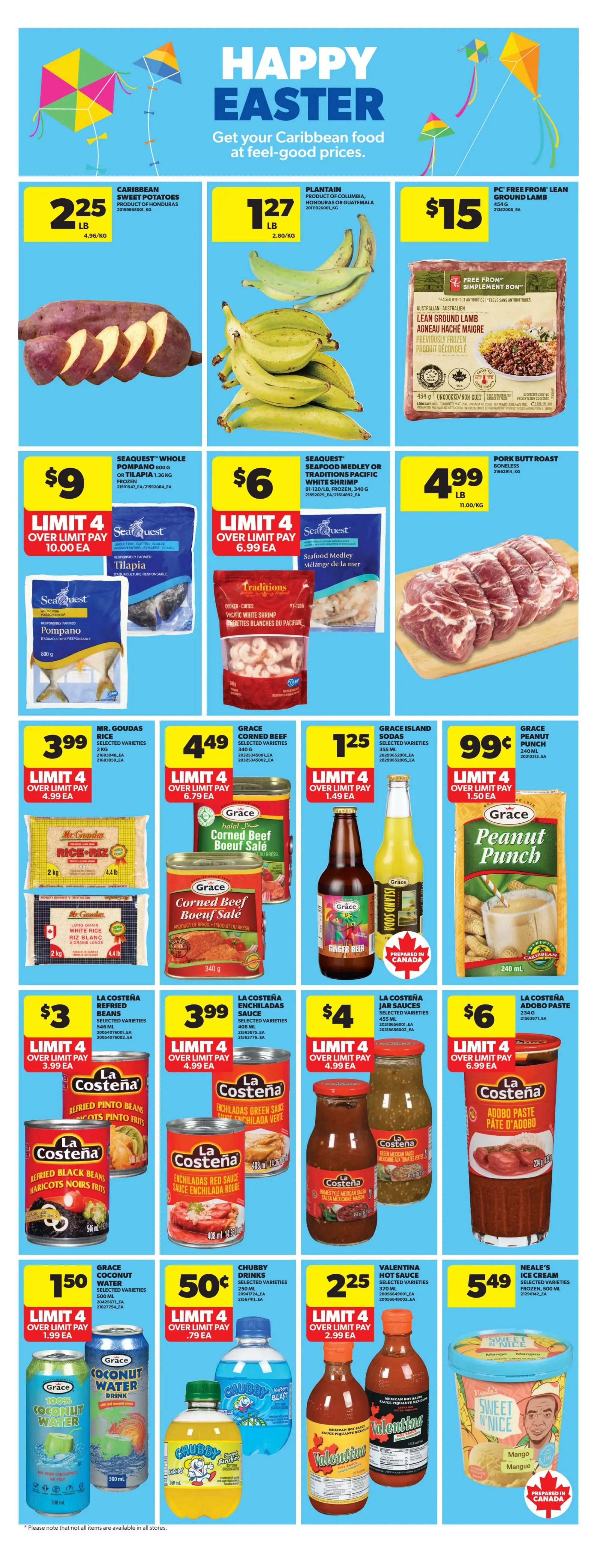 Real Canadian Superstore weekly flyer specials page 21, featuring Caribbean food for Easter. Sale items include Caribbean sweet potatoes for $2.25/lb, plantains for $1.27/lb, and PC Free From Lean Ground Lamb for $15/454g. Also available are Seaquest Whole Pompano for $9/800g, Seaquest Seafood Medley or Traditions Pacific White Shrimp for $6/340g, and Pork Butt Roast for $4.99/lb. Grocery deals include Mr. Goudas Rice for $3.99/2kg, Grace Corned Beef for $4.49/340g, Grace Island Sodas for $1.25/355ml, and Grace Peanut Punch for $0.99/240ml. Canned goods on sale are La Costena Refried Beans for $3/398ml, La Costena Enchiladas Sauce for $3.99/400ml, La Costena Jar Sauces for $4/455ml, and La Costena Adobo Paste for $6/234g. Beverages include Grace Coconut Water for $1.50/500ml, Chubby Drinks for $0.50/250ml, and Valentina Hot Sauce for $2.25/370ml. Neale's Ice Cream in Mango flavour is on sale for $5.49/500ml.