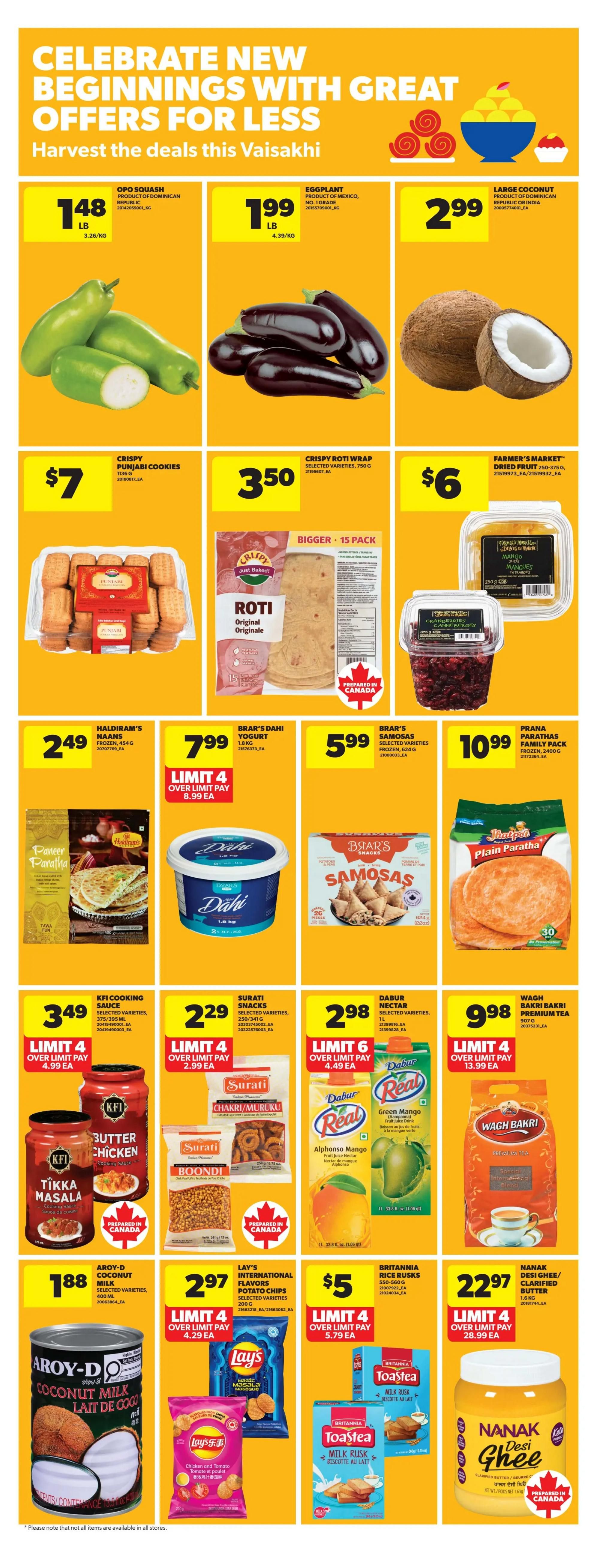 Real Canadian Superstore weekly flyer specials page 23, featuring Vaisakhi offers. Products include Opo Squash for $1.48/lb, Eggplant for $1.99/lb, and Large Coconut for $2.99. Also available are Crispy Punjabi Cookies for $7, Crispy Roti Wrap for $3.50, and Farmer's Market Dried Fruit for $6. Haldiram's Naans are $2.49. Brar's Dahi Yogurt is $7.99 with a limit of 4, and Brar's Samosas are $5.99. Prana Parathas Family Pack is $10.99. KFI Cooking Sauce is $3.49, Surati Snacks like Chakri/Muruku and Boondi are $2.29 with a limit of 4. Dabur Real Fruit Nectar is $2.98 with a limit of 6. Wagh Bakri Premium Tea is $9.98 with a limit of 4. Aroy-D Coconut Milk is $1.88. Lay's International Flavors Potato Chips are $2.97 with a limit of 4. Britannia Milk Rusk is $5 with a limit of 4. Nanak Desi Ghee Clarified Butter is $22.97 with a limit of 4.