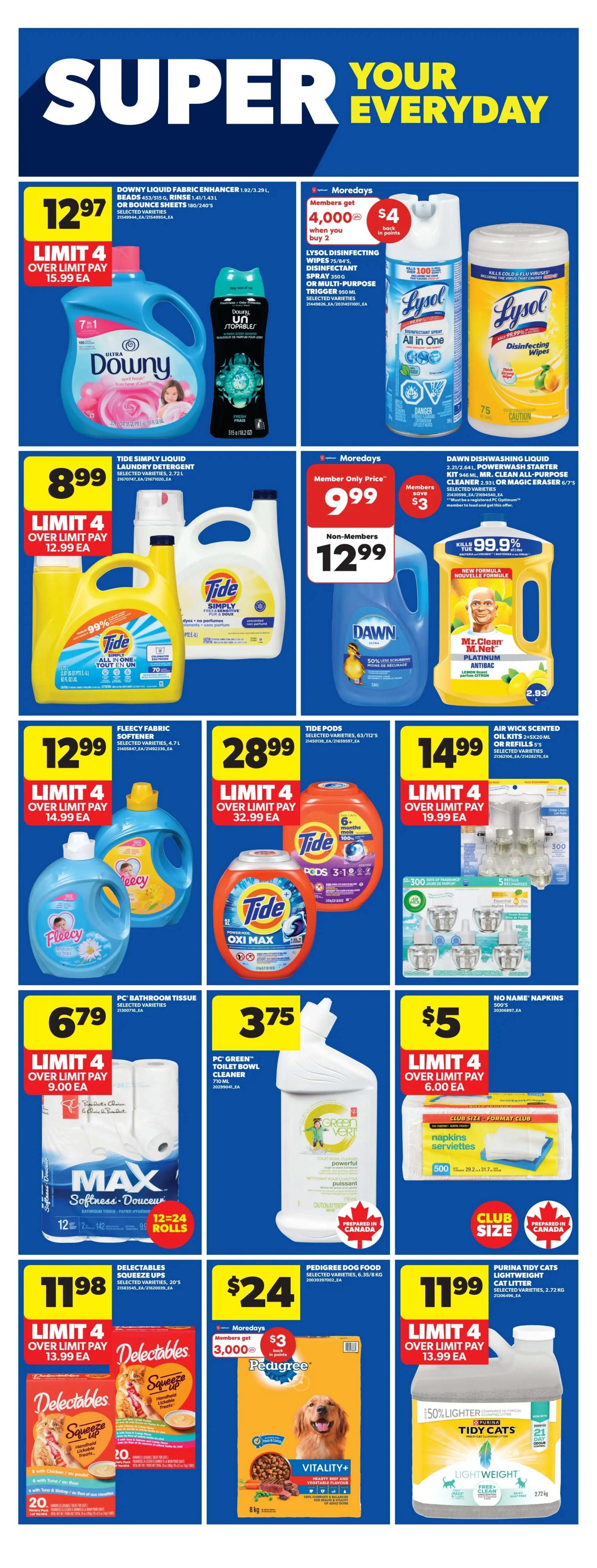 Real Canadian Superstore weekly flyer specials, page 29. Featured products include Downy Liquid Fabric Enhancer for $12.97, limit 4, over limit pay $15.99 each. Lysol Disinfecting Wipes and Spray are on sale with members getting 4,000 points back when buying 2, plus $4 back in points. Tide Simply Liquid Laundry Detergent is $8.99, limit 4, over limit pay $12.99 each. Dawn Dishwashing Liquid is $9.99 for members only, or $12.99 for non-members, with members saving $3. Mr. Clean Antibac is also available. Fleecy Fabric Softener is $12.99, limit 4, over limit pay $14.99 each. Tide Pods Oxi Max are $28.99, limit 4, over limit pay $32.99 each. Air Wick Scented Oil Kits are $14.99, limit 4, over limit pay $19.99 each. PC Bathroom Tissue is $6.79, limit 4, over limit pay $9.00 each. PC Green Toilet Bowl Cleaner is $3.75. No Name Napkins are $5, limit 4, over limit pay $6.00 each. Delectables Squeeze Ups cat treats are $11.98, limit 4, over limit pay $13.99 each. Pedigree Dog Food is $24, with members getting $3 back in points on 3,000 points. Purina Tidy Cats Lightweight Cat Litter is $11.99, limit 4, over limit pay $13.99 each.
