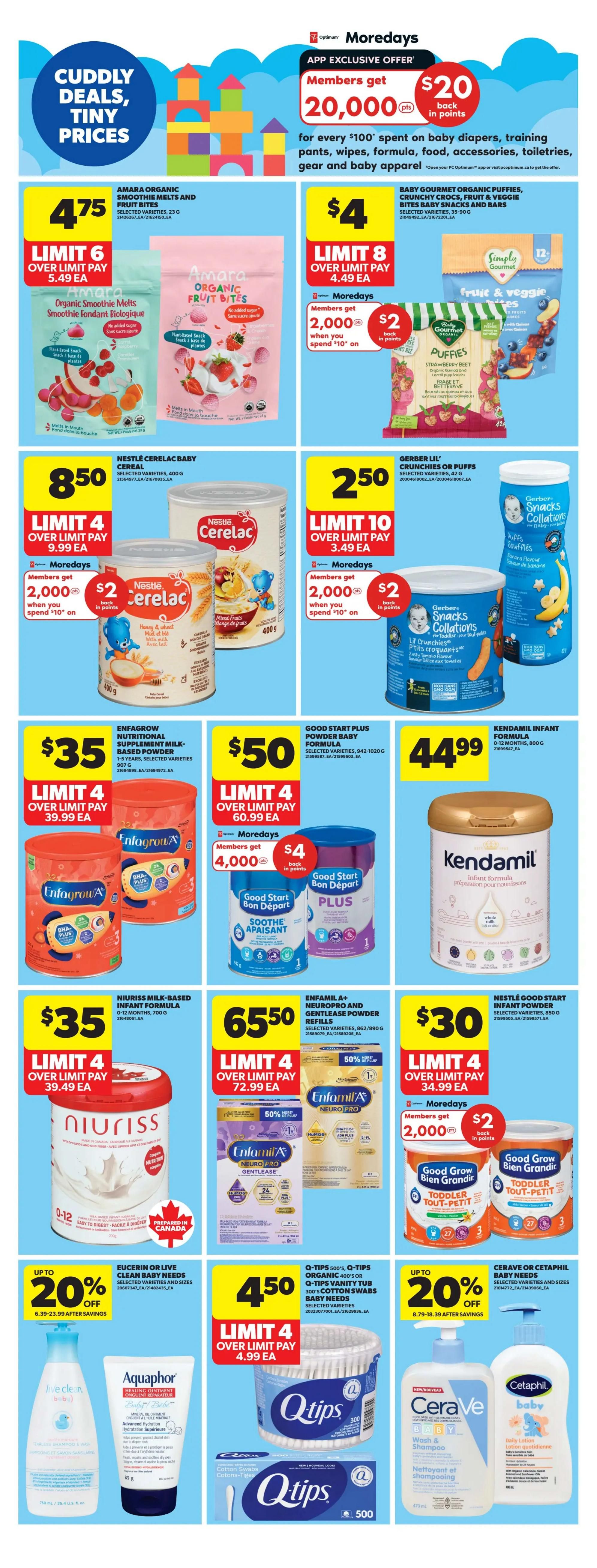 Real Canadian Superstore flyer page 35 features 'Cuddly Deals, Tiny Prices' with app-exclusive MoreRewards offers. Members get 20,000 points for every $100 spent on baby essentials. Featured products include Amara Organic Smoothie Melts and Fruit Bites for $4.75 (limit 6), Baby Gourmet Organic Puffies, Crunchy Crocs, Fruit & Veggie Bites for $4 (limit 8), and Nestlé Cerelac Baby Cereal for $8.50 (limit 4). Also on sale are Gerber Lil' Crunchies or Puffs for $2.50 (limit 10). Enfamil A+ Gentlease Powder Refills are $65.50 (limit 4), and Enfamil A+ Neuropro and Gentlease Powder Refills are $65.50 (limit 4). Kendamil Infant Formula is $44.99. Nestlé Good Start Infant Powder is $30 (limit 4). Niuriss Milk-Based Infant Formula is $35 (limit 4). Good Start Plus Powder Baby Formula is $50 (limit 4). Eucerin or Live Clean Baby Needs are up to 20% off. Q-Tips 500's, Q-Tips Organic 400's, or Q-Tips Vanity Tub 300's Cotton Swabs Baby Needs are $4.50 (limit 4). Cerave or Cetaphil Baby Needs are up to 20% off. Also shown are Live Clean Baby Shampoo & Conditioner and Aquaphor Healing Ointment.