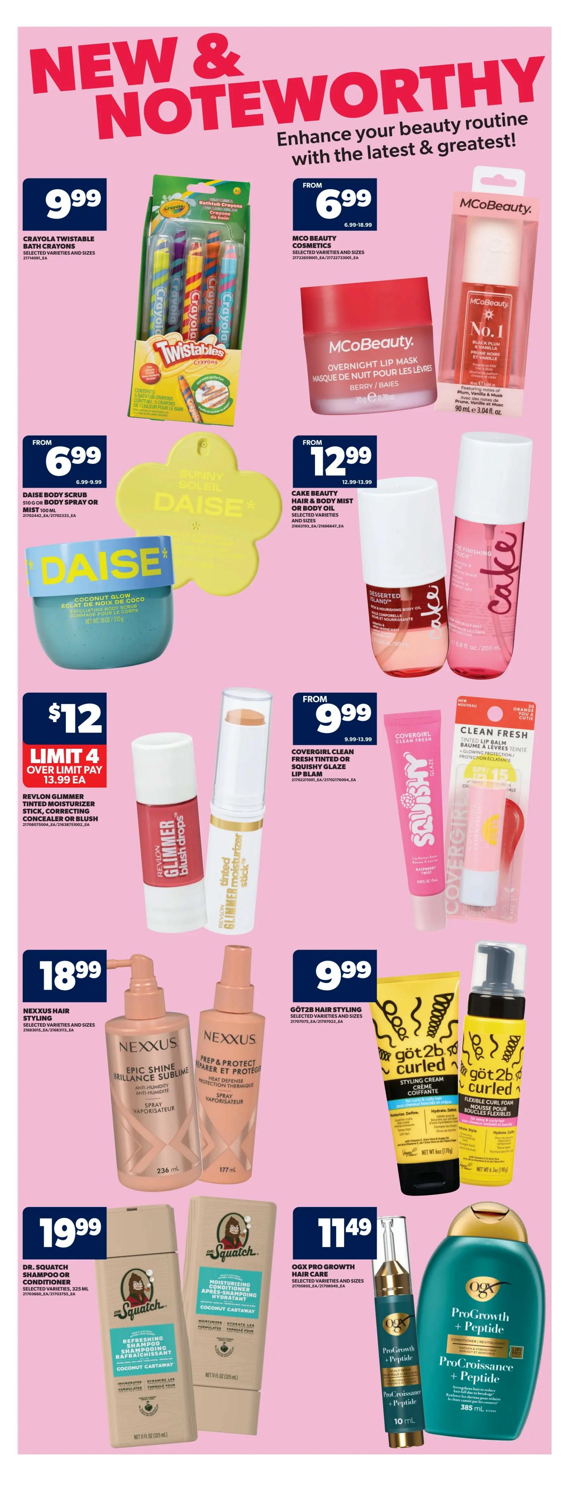 Real Canadian Superstore weekly flyer specials page 37 features 'New & Noteworthy' beauty products. Offers include Crayola Twিস্টable Bath Crayons for $9.99, MCO Beauty Cosmetics starting at $6.99, and MCO Beauty Overnight Lip Mask for $12.99. Also featured are DAISЕ Body Scrub or Body Spray/Mist for $6.99, and Cake Beauty Hair & Body Mist or Body Oil for $12.99. Revlon Glimmer Tinted Moisturizer Stick, Correcting Concealer or Blush is limited to 4 over limit pay $13.99 each. Covergirl Clean Fresh Tinted Lip Balm is $9.99. Nexxus Hair Styling products are $18.99. Göt2b Hair Styling products are $9.99. Dr. Squatch Shampoo or Conditioner is $19.99. OGX Pro Growth Hair Care is $11.49, including a ProGrowth + Peptide serum and a ProCroissance + Peptide conditioner.