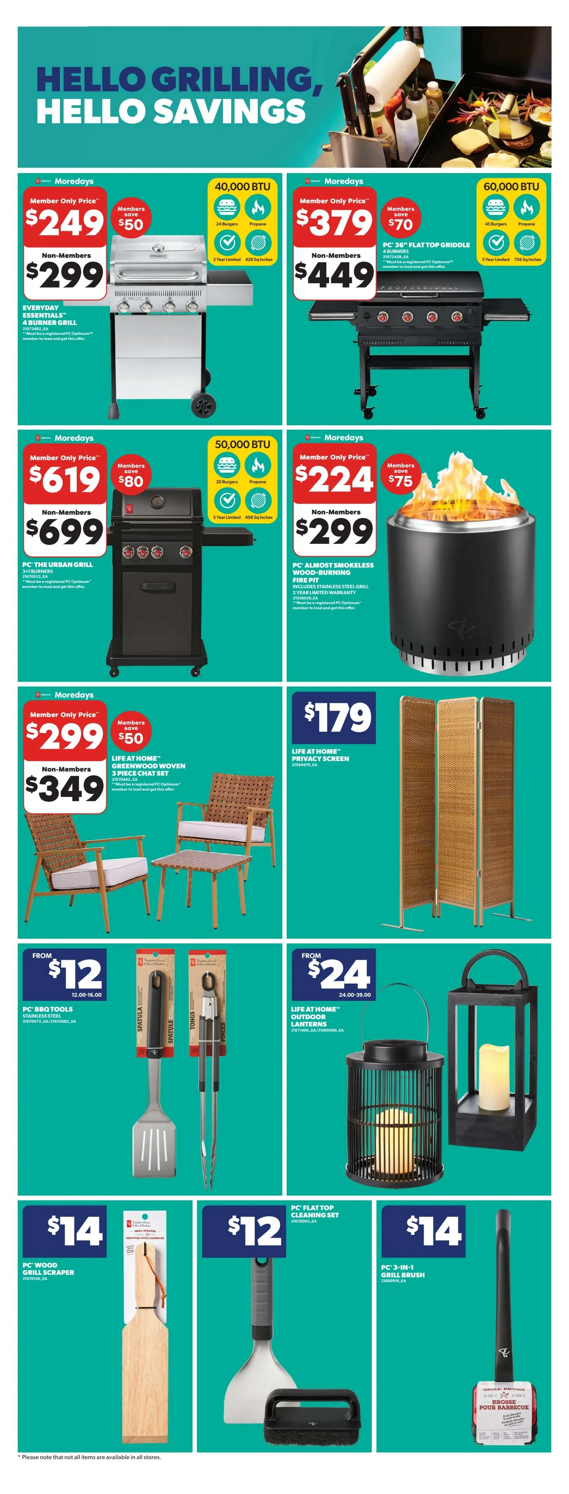 Real Canadian Superstore weekly flyer specials page 38 features grilling and outdoor savings. Highlights include Moredays Everyday Essentials 4-burner grill for member price $249 ($50 savings) or non-member price $299, and Moredays 40,000 BTU 4-burner grill for member price $379 ($70 savings) or non-member price $449. Also featured is the Moredays PC The Urban Grill 3+1 burners for member price $619 ($80 savings) or non-member price $699, and the Moredays PC Almost Smokeless Wood-Burning Fire Pit for member price $224 ($75 savings) or non-member price $299. Outdoor living items include the Life at Home Greenwood Woven 3-piece chat set for member price $299 or non-member price $349, and the Life at Home Privacy Screen for $179. BBQ tools are available from $12, including PC BBQ Tools Stainless Steel spatulas and tongs. Life at Home Outdoor Lanterns are from $24. Additional accessories include PC Wood Grill Scraper for $14, PC Flat Top Cleaning Set for $12, and PC 3-in-1 Grill Brush for $14.