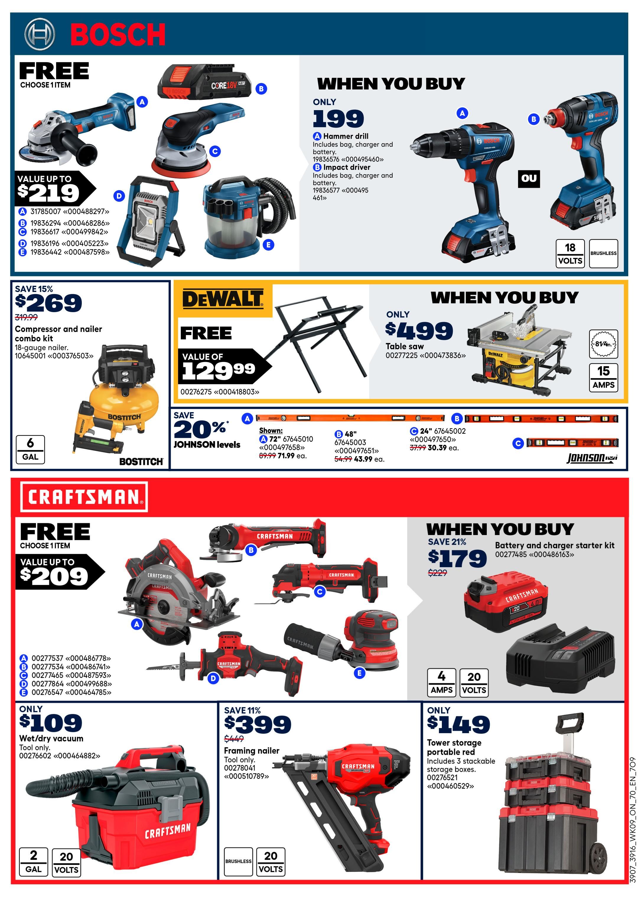 Rona flyer page 16 features a variety of power tools and accessories. Top section showcases Bosch tools with a 'Free Choose 1 Item' offer with a value up to $219, including a hammer drill, impact driver, angle grinder, orbital sander, LED work light, and wet/dry vacuum. When you buy a Bosch hammer drill or impact driver for only $199, you get a free bag, charger, and battery. Below, DeWalt offers a free table saw (value $129.99) when you purchase a stand for $499. Johnson levels are on sale with 20% off, with 72' levels at $71.99 each and 24' levels at $30.39 each. The bottom section highlights Craftsman tools. Get a free item with a value up to $209 when you buy select tools, including a circular saw, reciprocating saw, orbital sander, and multi-tool. A wet/dry vacuum is available for $109. A framing nailer is on sale for $399. Also featured is a battery and charger starter kit for $179 (save 21%) and a tower storage portable red system with 3 stackable storage boxes for $149.