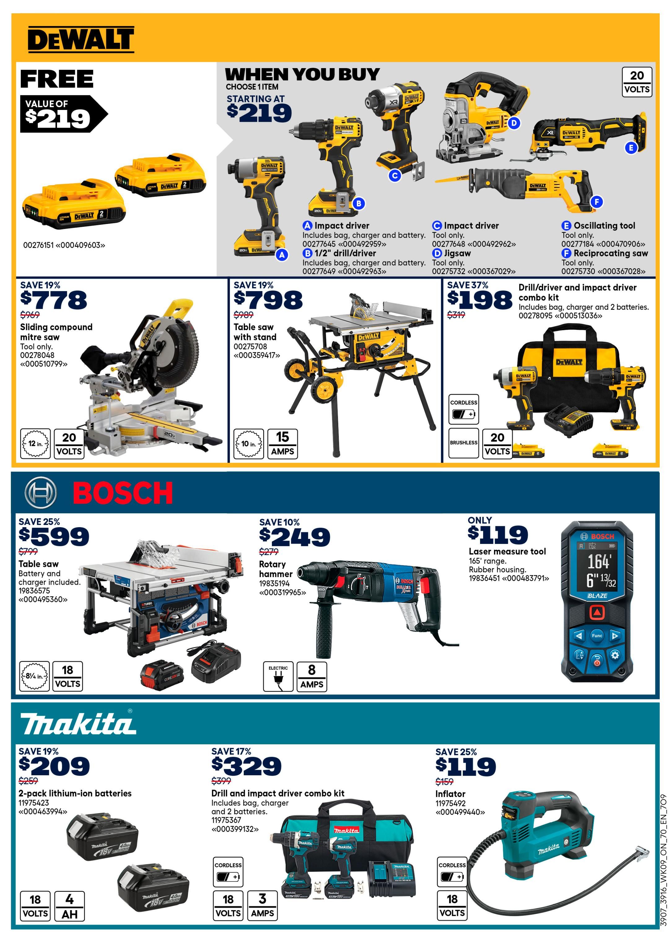Rona flyer page 17 featuring DeWalt, Bosch, and Makita power tools. DeWalt offers a free value of $219 when you choose an item starting at $219, including an impact driver, 1/2' drill/driver, jigsaw, and oscillating tool. Also featured are a DeWalt sliding compound mitre saw for $778 (save 19%), a table saw with stand for $798 (save 19%), and a drill/driver and impact driver combo kit for $198 (save 37%). Bosch offers a table saw for $599 (save 25%), a rotary hammer for $249 (save 10%), and a laser measure tool for $119. Makita showcases a 2-pack lithium-ion batteries for $209 (save 19%), a drill and impact driver combo kit for $329 (save 17%), and an inflator for $119 (save 25%).