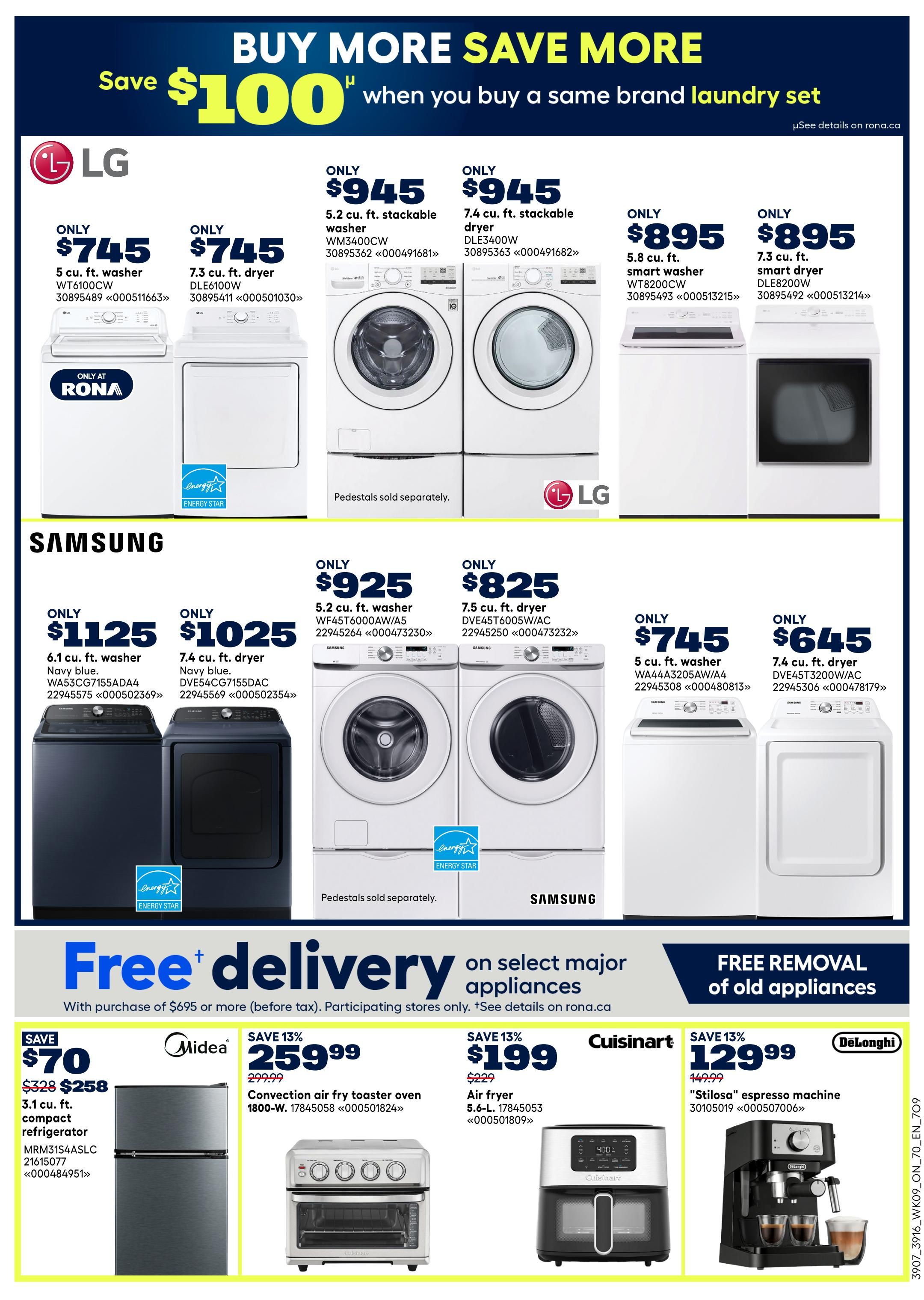 Rona Ontario flyer page 20 features a 'Buy More Save More' offer with savings up to $100 on same-brand laundry sets. LG appliances include a 5 cu. ft. washer for $745, a 7.3 cu. ft. dryer for $745, a 5.2 cu. ft. stackable washer for $945, a 7.4 cu. ft. stackable dryer for $945, a 5.8 cu. ft. smart washer for $895, and a 7.3 cu. ft. smart dryer for $895. Samsung appliances include a 6.1 cu. ft. navy blue washer for $1125, a 7.4 cu. ft. navy blue dryer for $1025, a 5.2 cu. ft. washer for $925, a 7.5 cu. ft. dryer for $825, a 5 cu. ft. washer for $745, and a 7.4 cu. ft. dryer for $645. The flyer also promotes free delivery on select major appliances with a purchase of $695 or more, and free removal of old appliances. Additional deals include a Midea 3.1 cu. ft. compact refrigerator for $258 (save $70), a Cuisinart 5.6-L air fryer for $199 (save 13%), and a DeLonghi 'Stilosa' espresso machine for $129.99 (save 13%).