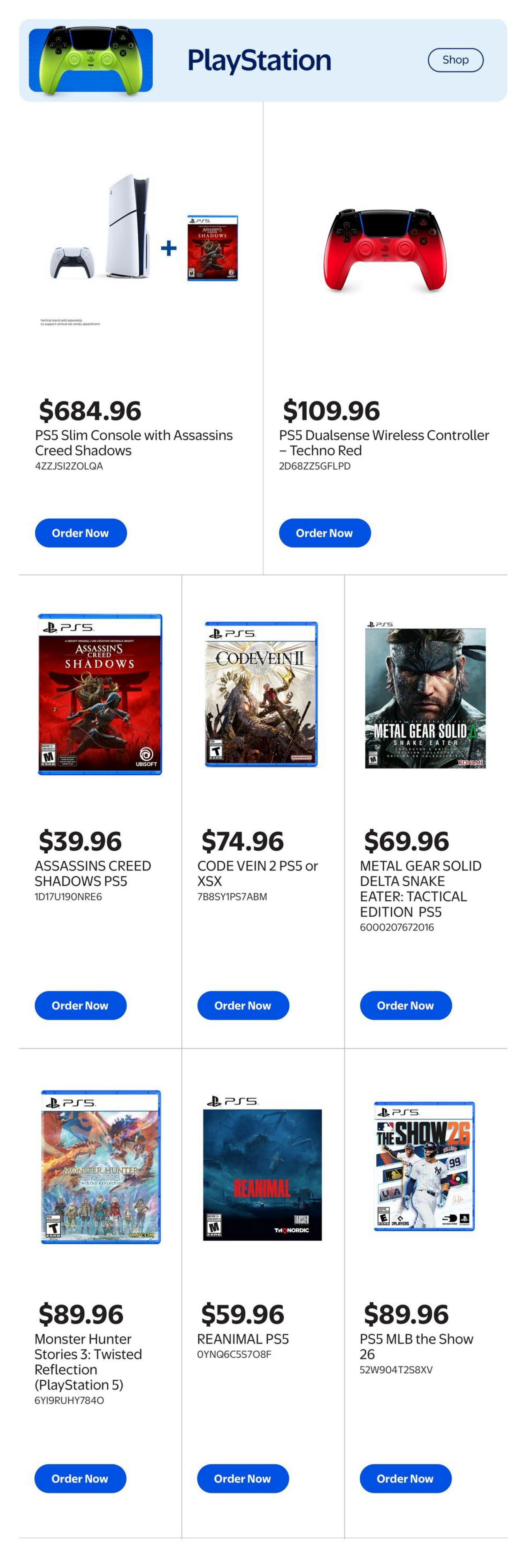 Walmart Canada Gaming Guide page 2 features PlayStation products. A PS5 Slim Console with Assassin's Creed Shadows is priced at $684.96. A PS5 DualSense Wireless Controller in Techno Red is available for $109.96. Games include Assassin's Creed Shadows PS5 for $39.96, Code Vein 2 PS5 or XSX for $74.96, and Metal Gear Solid Delta Snake Eater: Tactical Edition PS5 for $69.96. Also featured are Monster Hunter Stories 3: Twisted Reflection (PlayStation 5) for $89.96, Reanimal PS5 for $59.96, and PS5 MLB the Show 26 for $89.96.