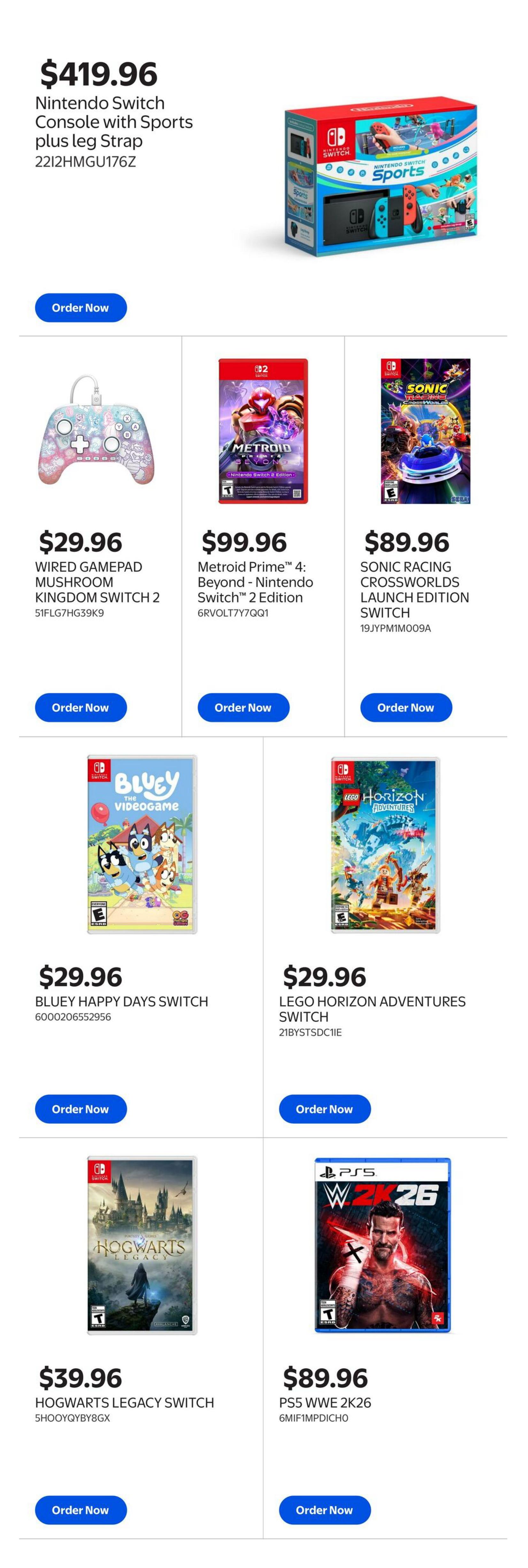Walmart Canada Gaming Guide page 3 features a Nintendo Switch Console with Sports plus leg strap for $419.96. Also available are: Wired Gamepad Mushroom Kingdom Switch 2 for $29.96, Metroid Prime 4: Beyond - Nintendo Switch 2 Edition for $99.96, Sonic Racing Crossworlds Launch Edition Switch for $89.96, Bluey Happy Days Switch for $29.96, Lego Horizon Adventures Switch for $29.96, Hogwarts Legacy Switch for $39.96, and PS5 WWE 2K26 for $89.96.