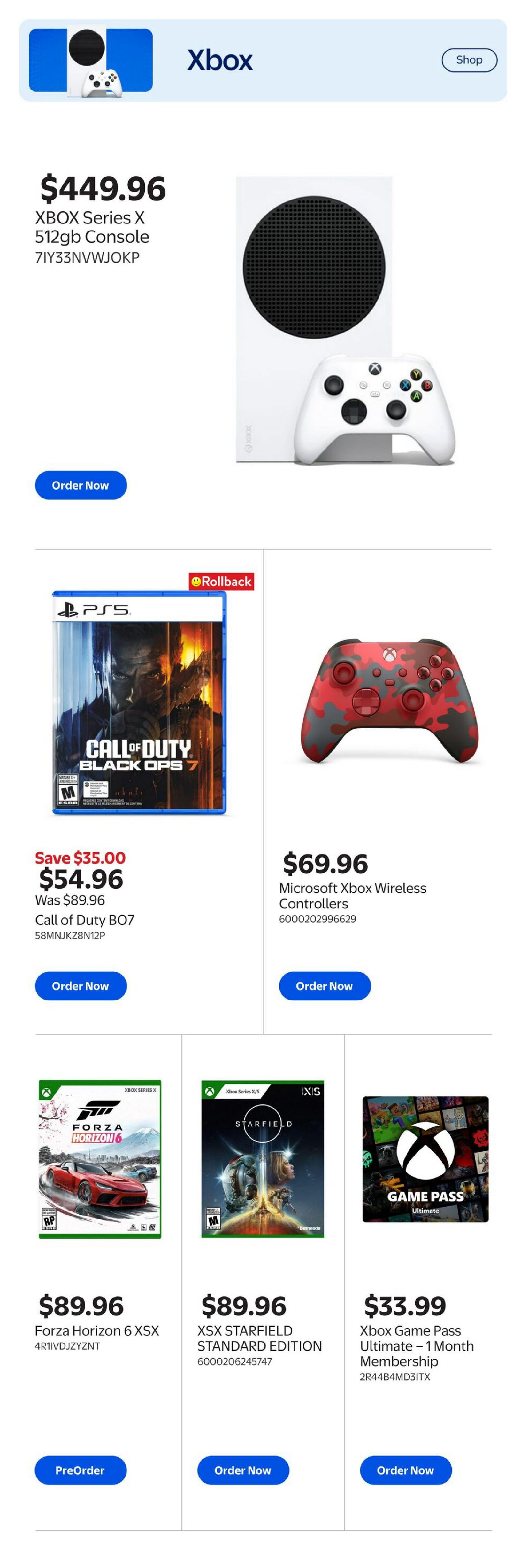 Walmart Canada Gaming Guide page 4 features Xbox products. The Xbox Series X 512GB Console is priced at $449.96. Call of Duty Black Ops 7 for PS5 is on rollback, priced at $54.96, a saving of $35.00 from its original price of $89.96. A Microsoft Xbox Wireless Controller is available for $69.96. Also featured are Forza Horizon 6 XSX for $89.96, XSX Starfield Standard Edition for $89.96, and an Xbox Game Pass Ultimate 1 Month Membership for $33.99.