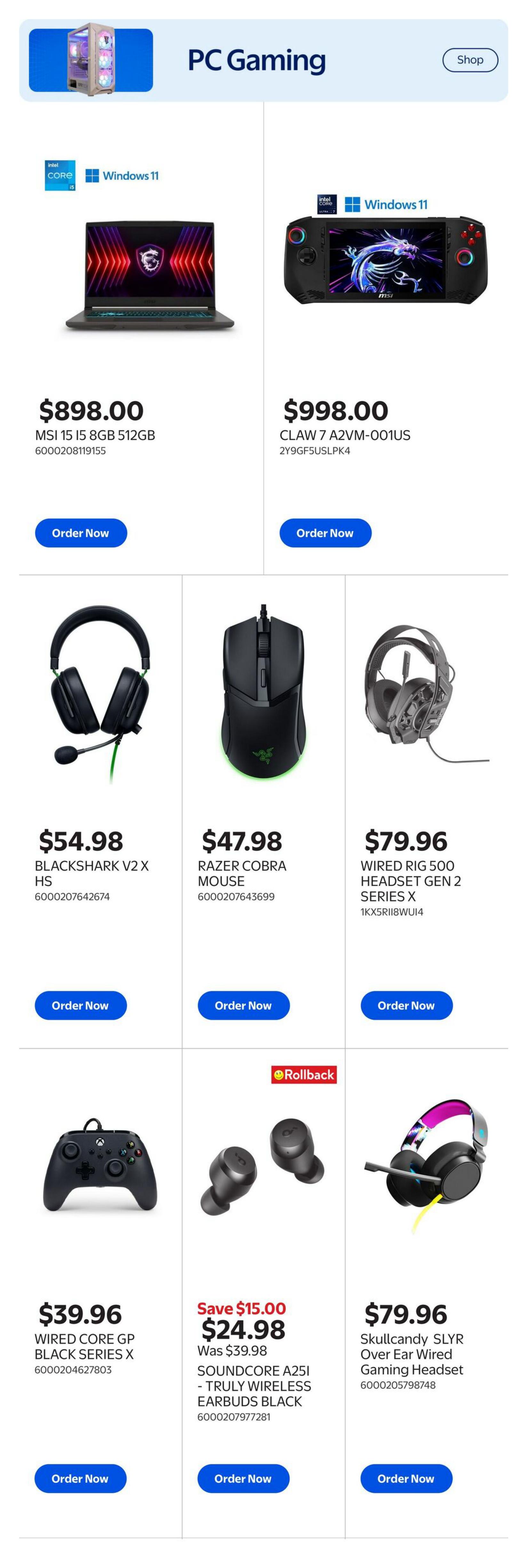 Walmart Canada PC Gaming page featuring various gaming hardware. Top row includes an MSI 15 8GB 512GB laptop for $898.00 and a CLAW 7 A2VM-001US handheld gaming device for $998.00, both running Windows 11. The second row showcases gaming accessories: BLACKSHARK V2 X HS headset for $54.98, RAZER COBRA MOUSE for $47.98, and WIRED RIG 500 HEADSET GEN 2 SERIES X for $79.96. The bottom row features a WIRED CORE GP BLACK SERIES X controller for $39.96, SOUNDCORE A25I - TRULY WIRELESS EARBUDS BLACK on rollback for $24.98 (was $39.98, saving $15.00), and Skullcandy SLYR Over Ear Wired Gaming Headset for $79.96.