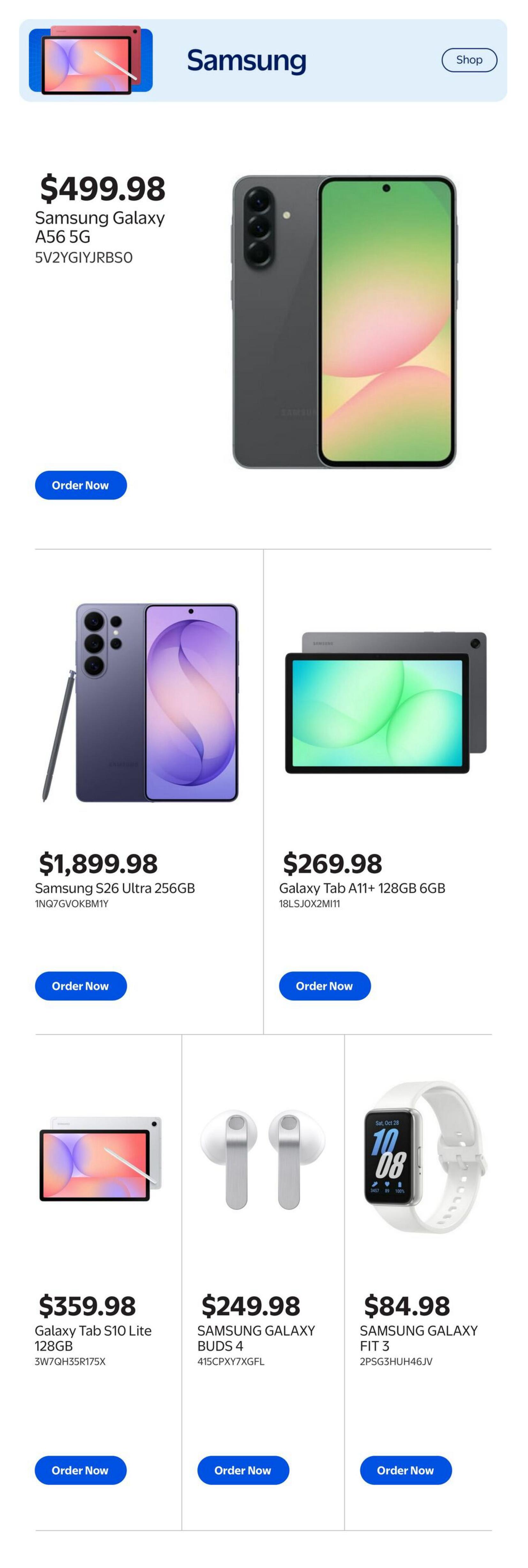 Walmart Canada Gaming Guide page 7 featuring Samsung products. The Samsung Galaxy A56 5G is available for $499.98. The Samsung S26 Ultra 256GB is priced at $1,899.98. The Galaxy Tab A11+ 128GB 6GB is listed at $269.98. Also featured are the Galaxy Tab S10 Lite 128GB for $359.98, SAMSUNG GALAXY BUDS 4 for $249.98, and SAMSUNG GALAXY FIT 3 for $84.98. Each product has an 'Order Now' button.