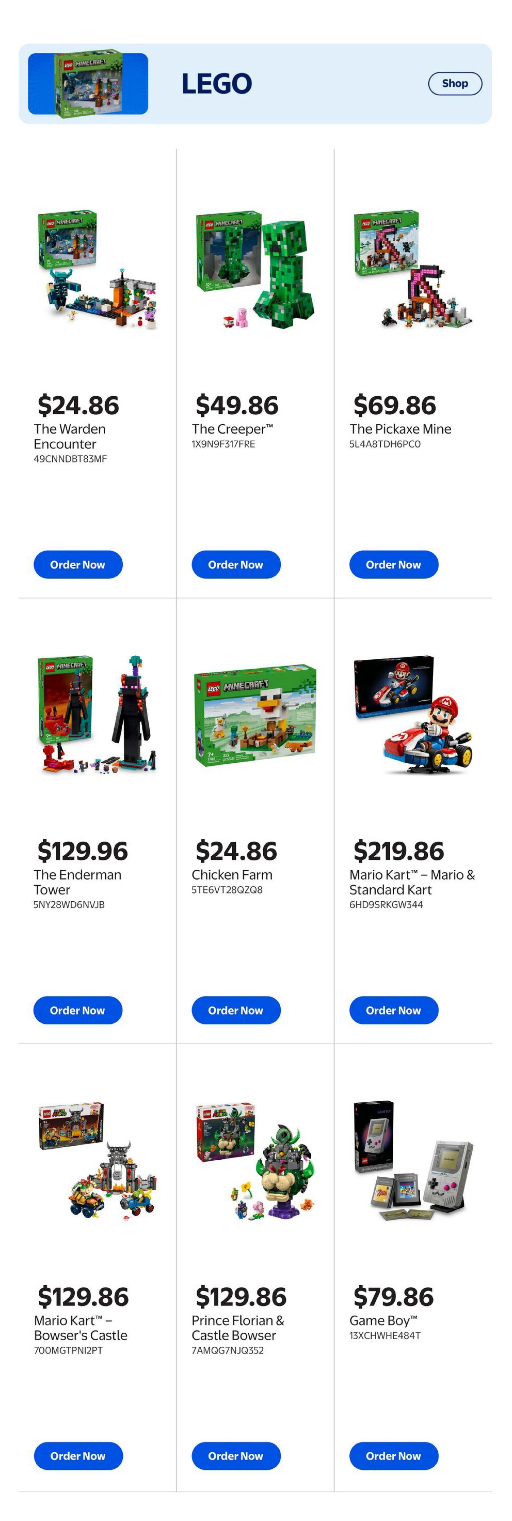 Walmart Canada Gaming Guide page 9 featuring LEGO sets. Available products include The Warden Encounter for $24.86, The Creeper for $49.86, The Pickaxe Mine for $69.86, The Enderman Tower for $129.96, Chicken Farm for $24.86, and Mario Kart™ - Mario & Standard Kart for $219.86. Also featured are Mario Kart™ - Bowser's Castle for $129.86, Prince Florian & Castle Bowser for $129.86, and a Game Boy™ for $79.86. Each item has an 'Order Now' button.