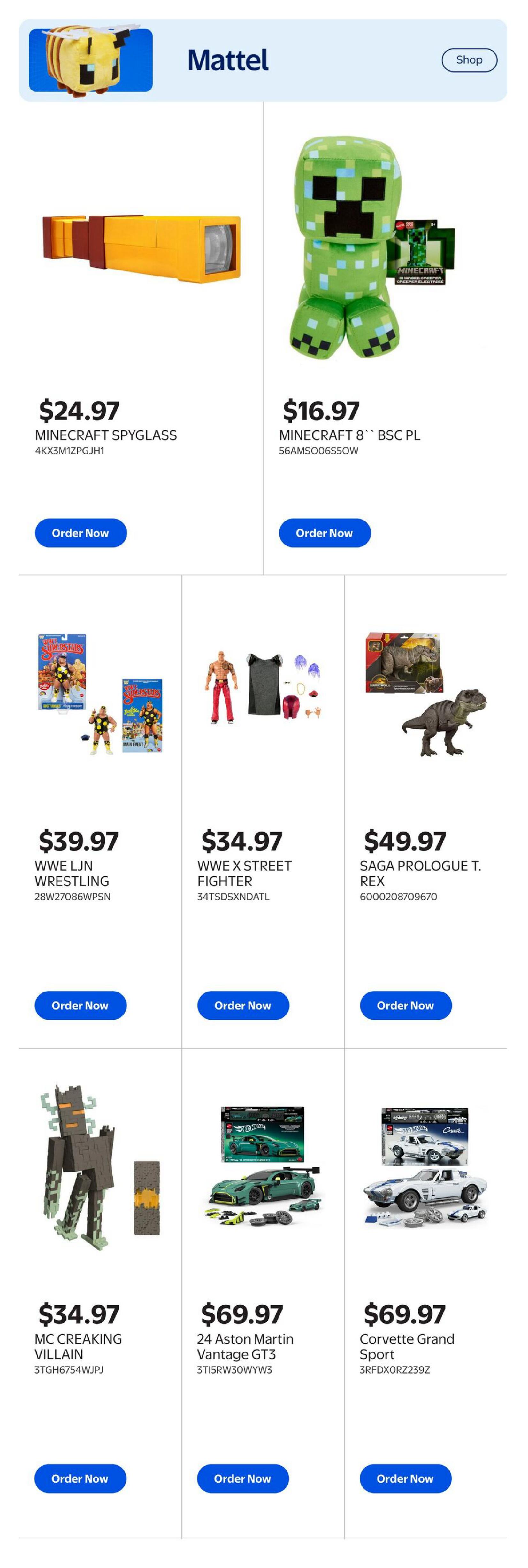 Walmart Canada Gaming Guide page 10 featuring Mattel toys. Products include Minecraft Spyglass for $24.97, Minecraft 8' Plush for $16.97, WWE LJN Wrestling figures for $39.97, WWE x Street Fighter figures for $34.97, Saga Prologue T. Rex for $49.97, Minecraft Creaking Villain for $34.97, 1:24 Aston Martin Vantage GT3 Hot Wheels set for $69.97, and Corvette Grand Sport Hot Wheels set for $69.97.