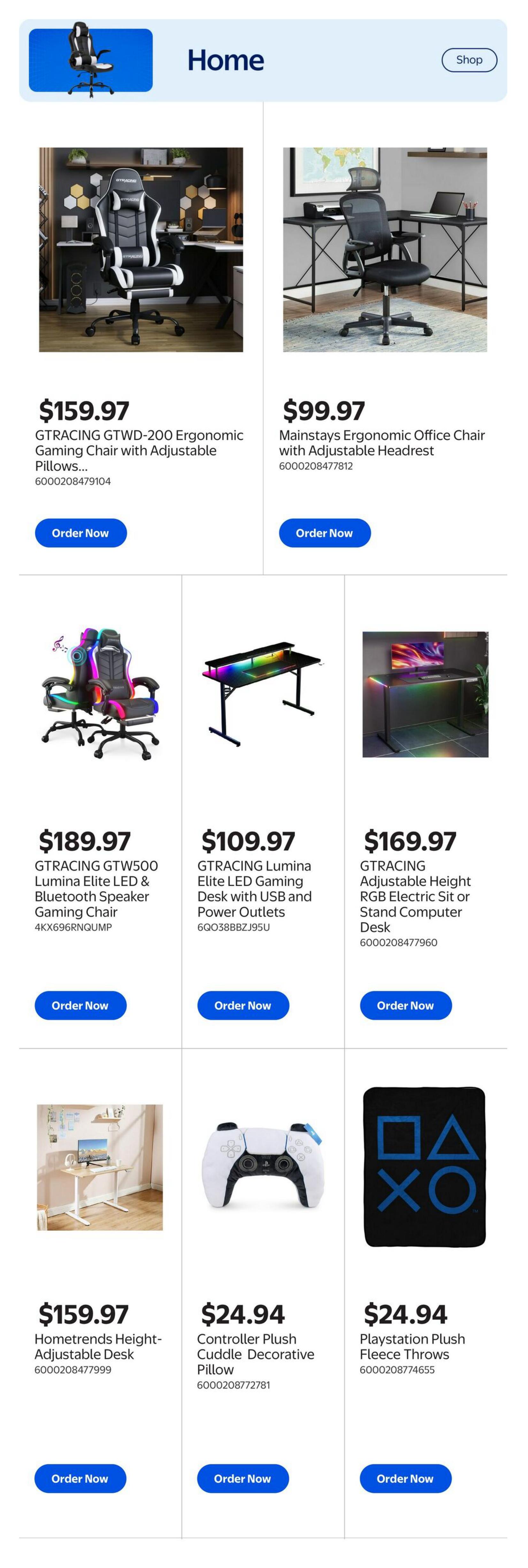 Walmart Canada Gaming Guide page 11 features gaming chairs and desks. The GTRACING GTWD-200 Ergonomic Gaming Chair with Adjustable Pillows is $159.97. The Mainstays Ergonomic Office Chair with Adjustable Headrest is $99.97. The GTRACING GTW500 Lumina Elite LED & Bluetooth Speaker Gaming Chair is $189.97. The GTRACING Lumina Elite LED Gaming Desk with USB and Power Outlets is $109.97. The GTRACING Adjustable Height RGB Electric Sit or Stand Computer Desk is $169.97. The Hometrends Height-Adjustable Desk is $159.97. Also available are a Controller Plush Cuddle Decorative Pillow for $24.94 and Playstation Plush Fleece Throws for $24.94.