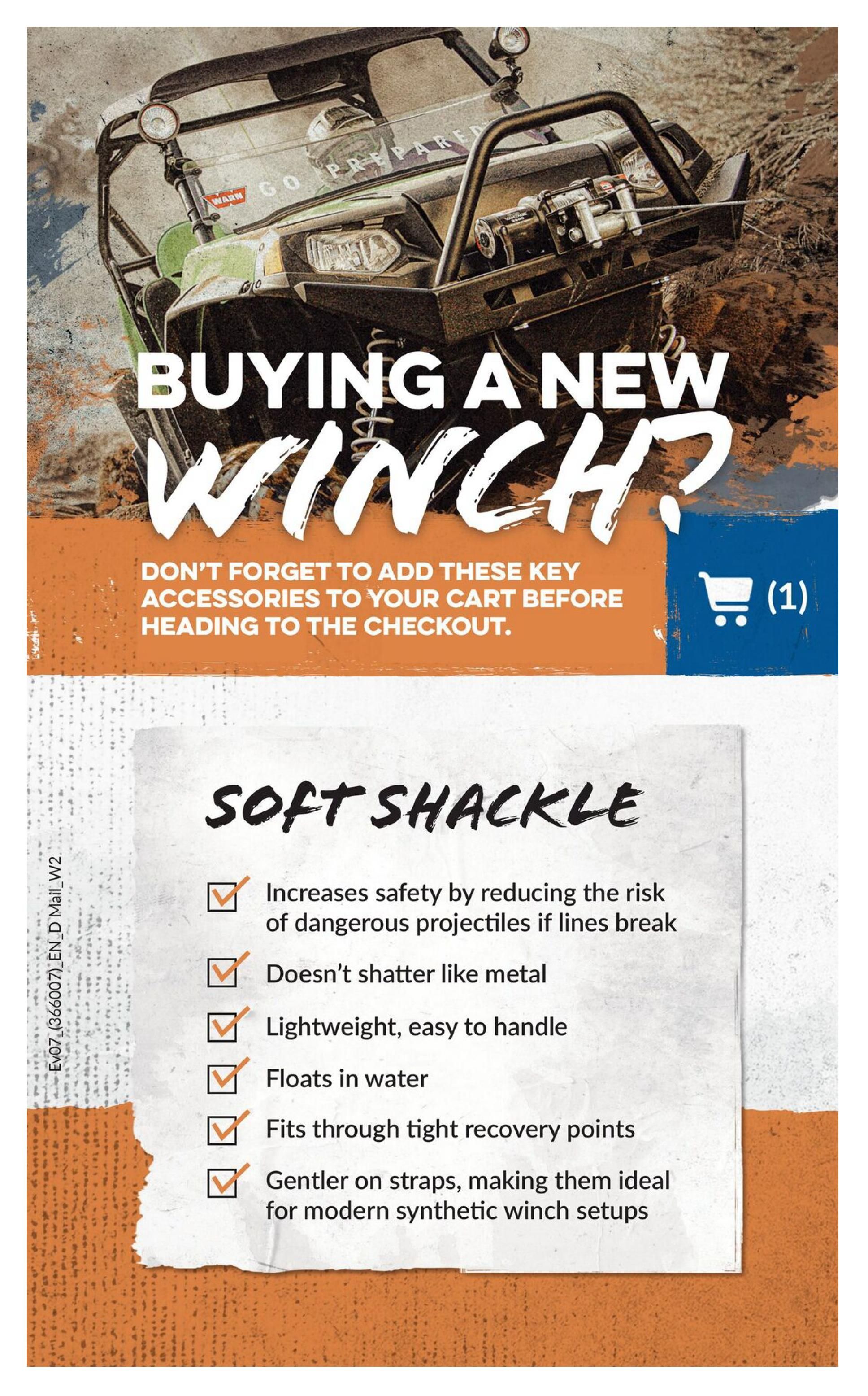 Princess Auto flyer page 4 features a guide on buying a new winch, with a focus on essential accessories. It highlights the benefits of a soft shackle, including increased safety by reducing the risk of dangerous projectiles if lines break, not shattering like metal, being lightweight and easy to handle, floating in water, fitting through tight recovery points, and being gentler on straps for modern synthetic winch setups. A shopping cart icon with '(1)' indicates one item is in the cart.