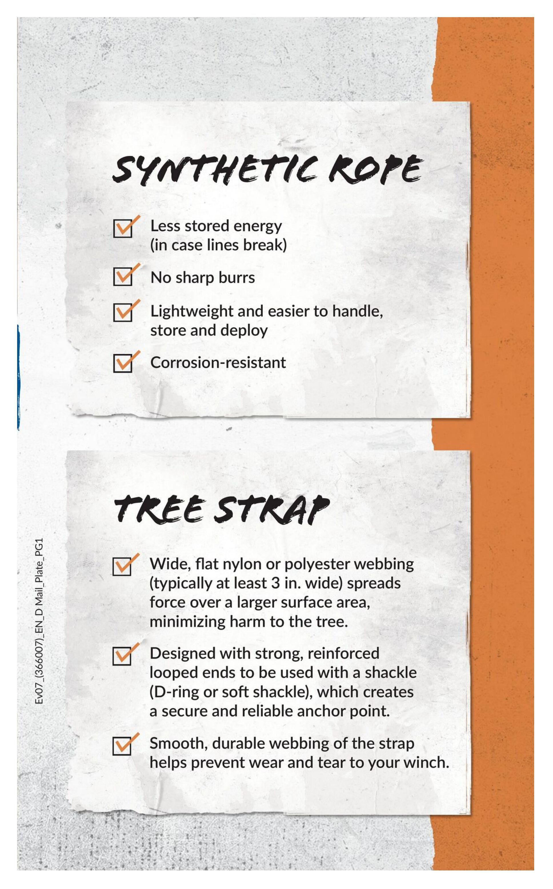 Princess Auto flyer page 5 features information on Synthetic Rope and Tree Strap. Synthetic Rope benefits include less stored energy, no sharp burrs, being lightweight and easier to handle, store, and deploy, and corrosion-resistance. Tree Strap features include wide, flat nylon or polyester webbing (at least 3 in. wide) that spreads force over a larger surface area to minimize harm to trees. It is designed with strong, reinforced looped ends for use with a shackle (D-ring or soft shackle) to create a secure anchor point. The strap's smooth, durable webbing helps prevent wear and tear on your winch.
