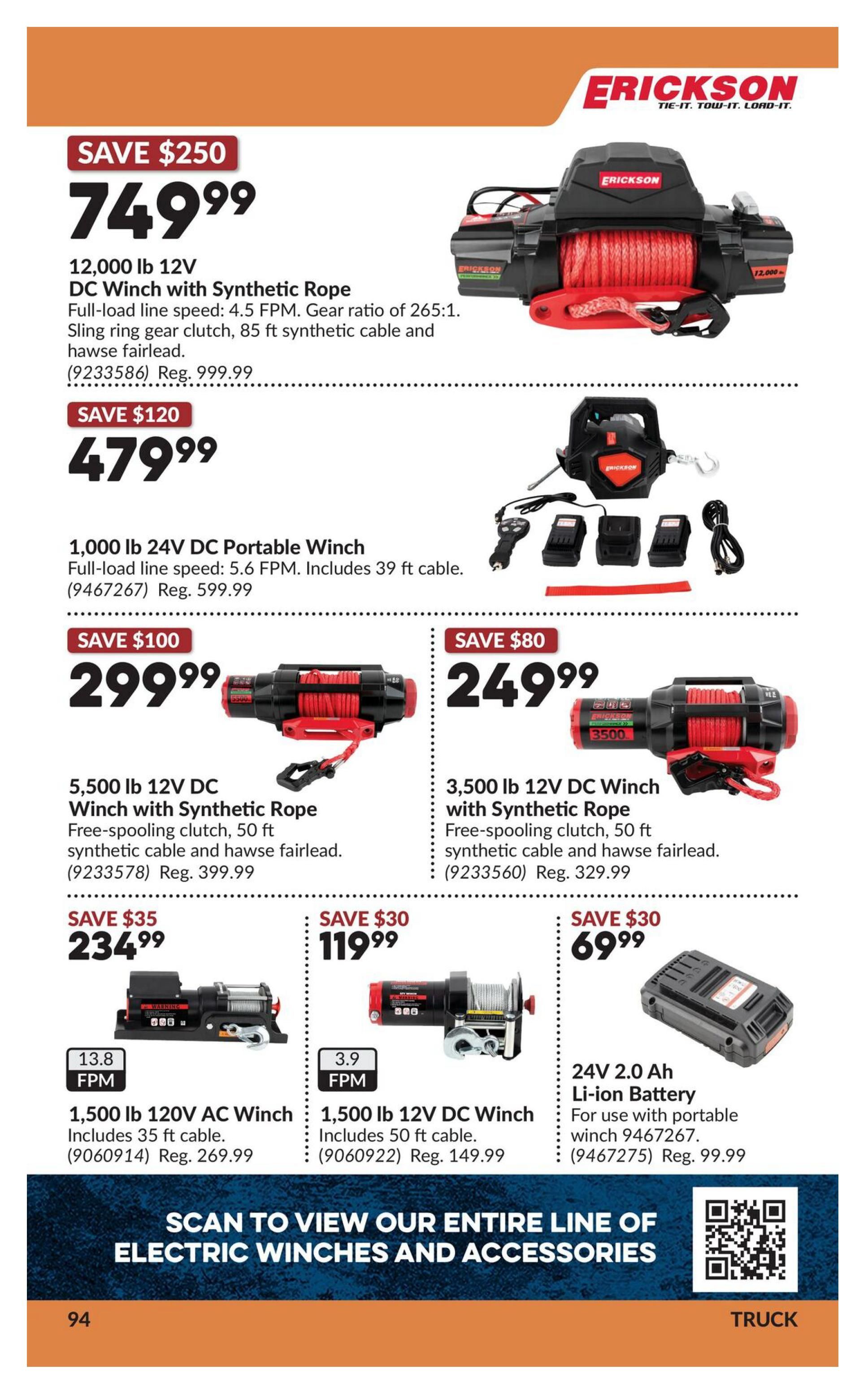 Princess Auto flyer specials page 12 features a selection of Erickson electric winches and accessories. Highlighted items include a 12,000 lb 12V DC Winch with Synthetic Rope on sale for $749.99 (Save $250), a 1,000 lb 24V DC Portable Winch for $479.99 (Save $120), a 5,500 lb 12V DC Winch with Synthetic Rope for $299.99 (Save $100), and a 3,500 lb 12V DC Winch with Synthetic Rope for $249.99 (Save $80). Also featured are a 1,500 lb 120V AC Winch for $234.99 (Save $35), a 1,500 lb 12V DC Winch for $119.99 (Save $30), and a 24V 2.0 Ah Li-ion Battery for $69.99 (Save $30). The page encourages customers to scan to view the entire line of electric winches and accessories. The bottom of the page indicates 'TRUCK'.