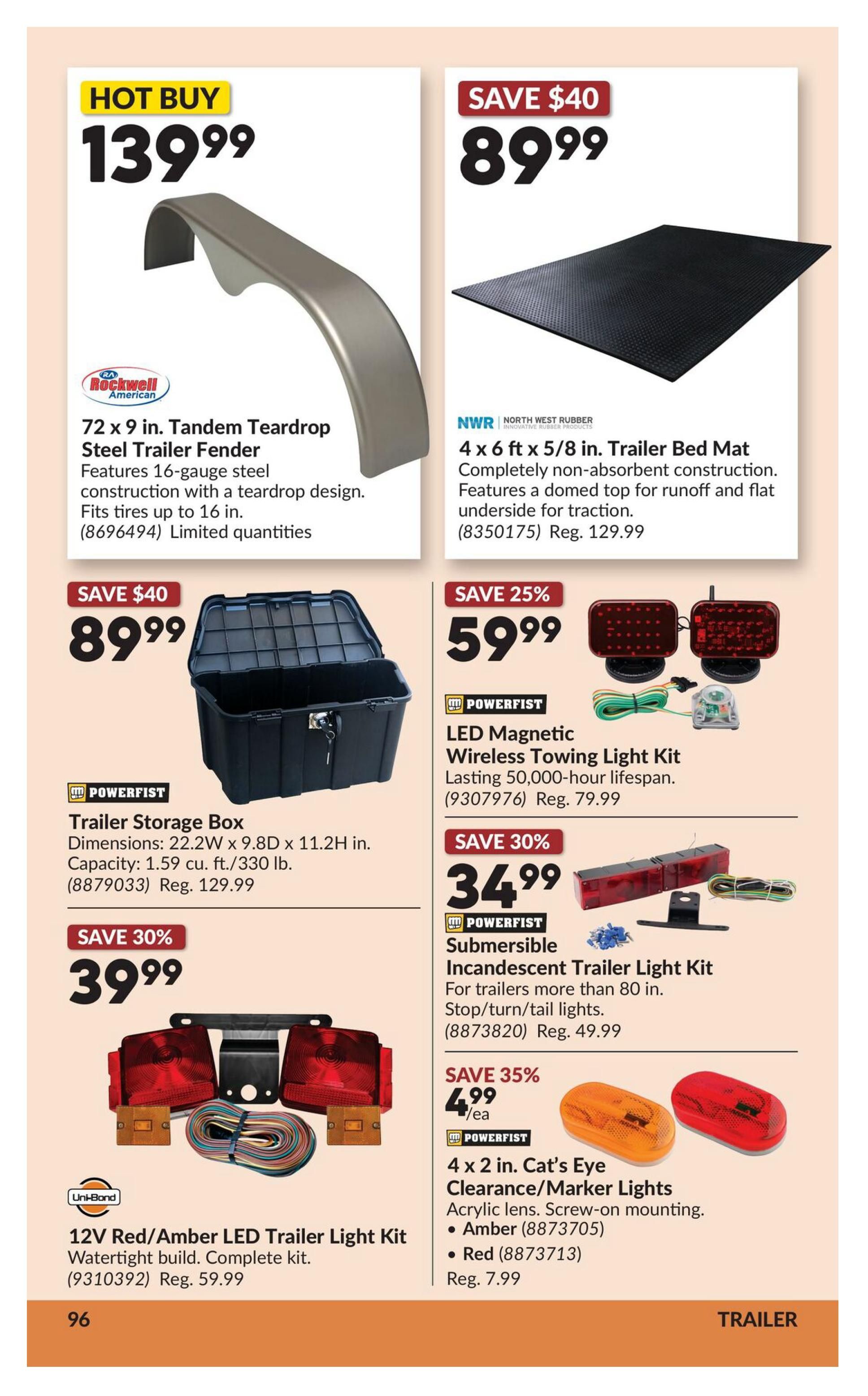 Princess Auto flyer page 14 features a Hot Buy on a 72 x 9 in. Tandem Teardrop Steel Trailer Fender for $139.99, made with 16-gauge steel and fits tires up to 16 in. Also available is a 4 x 6 ft x 5/8 in. Trailer Bed Mat for $89.99, with a domed top for runoff and flat underside. A Powerfist Trailer Storage Box is on sale for $89.99, with dimensions 22.2W x 9.8D x 11.2H in. and a capacity of 1.59 cu. ft./330 lb. A Powerfist LED Magnetic Wireless Towing Light Kit is 25% off, priced at $59.99, with a 50,000-hour lifespan. A Powerfist Submersible Incandescent Trailer Light Kit is 30% off at $34.99, suitable for trailers over 80 in. long. Finally, a 12V Red/Amber LED Trailer Light Kit is 30% off for $39.99, featuring a watertight build. Additionally, Powerfist 4 x 2 in. Cat's Eye Clearance/Marker Lights are 35% off at $4.99 each, available in Amber and Red.