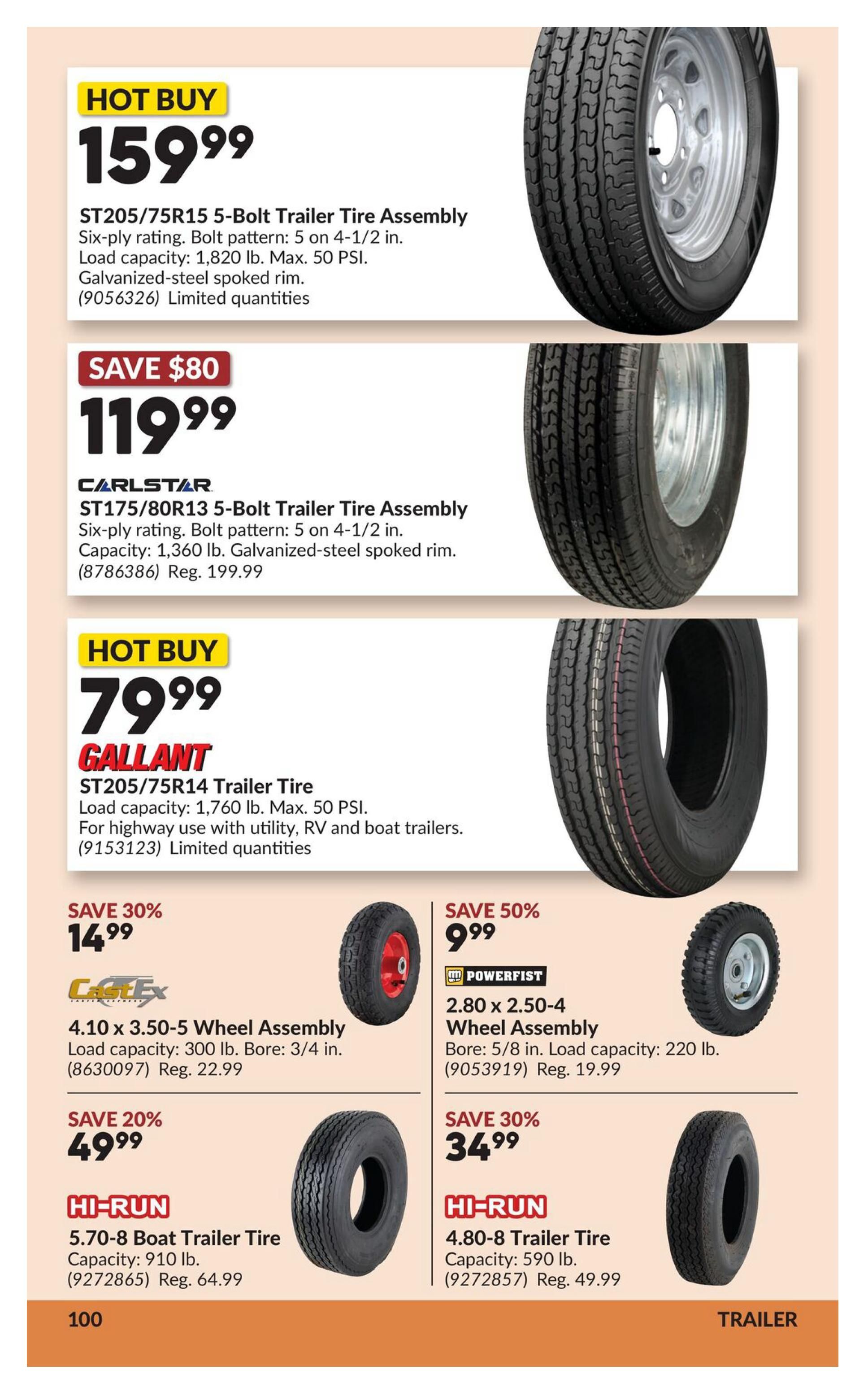 Princess Auto flyer page 18 features various tires and wheel assemblies. Hot Buy: ST205/75R15 5-Bolt Trailer Tire Assembly, six-ply rating, 5 on 4-1/2 in. bolt pattern, 1,820 lb. load capacity, max 50 PSI, with galvanized-steel spoked rim for $159.99. Carlstar ST175/80R13 5-Bolt Trailer Tire Assembly, six-ply rating, 5 on 4-1/2 in. bolt pattern, 1,360 lb. load capacity, galvanized-steel spoked rim, on sale for $119.99 (regularly $199.99), saving $80. Hot Buy: Gallant ST205/75R14 Trailer Tire, 1,760 lb. load capacity, max 50 PSI, for highway use with utility, RV, and boat trailers, for $79.99. Save 30% on a 4.10 x 3.50-5 Wheel Assembly with 300 lb. load capacity and 3/4 in. bore for $14.99 (regularly $22.99). Save 50% on a Powerfist 2.80 x 2.50-4 Wheel Assembly with 220 lb. load capacity and 5/8 in. bore for $9.99 (regularly $19.99). Save 20% on a Hi-Run 5.70-8 Boat Trailer Tire with 910 lb. capacity for $49.99 (regularly $64.99). Save 30% on a Hi-Run 4.80-8 Trailer Tire with 590 lb. capacity for $34.99 (regularly $49.99). All items have limited quantities where specified.