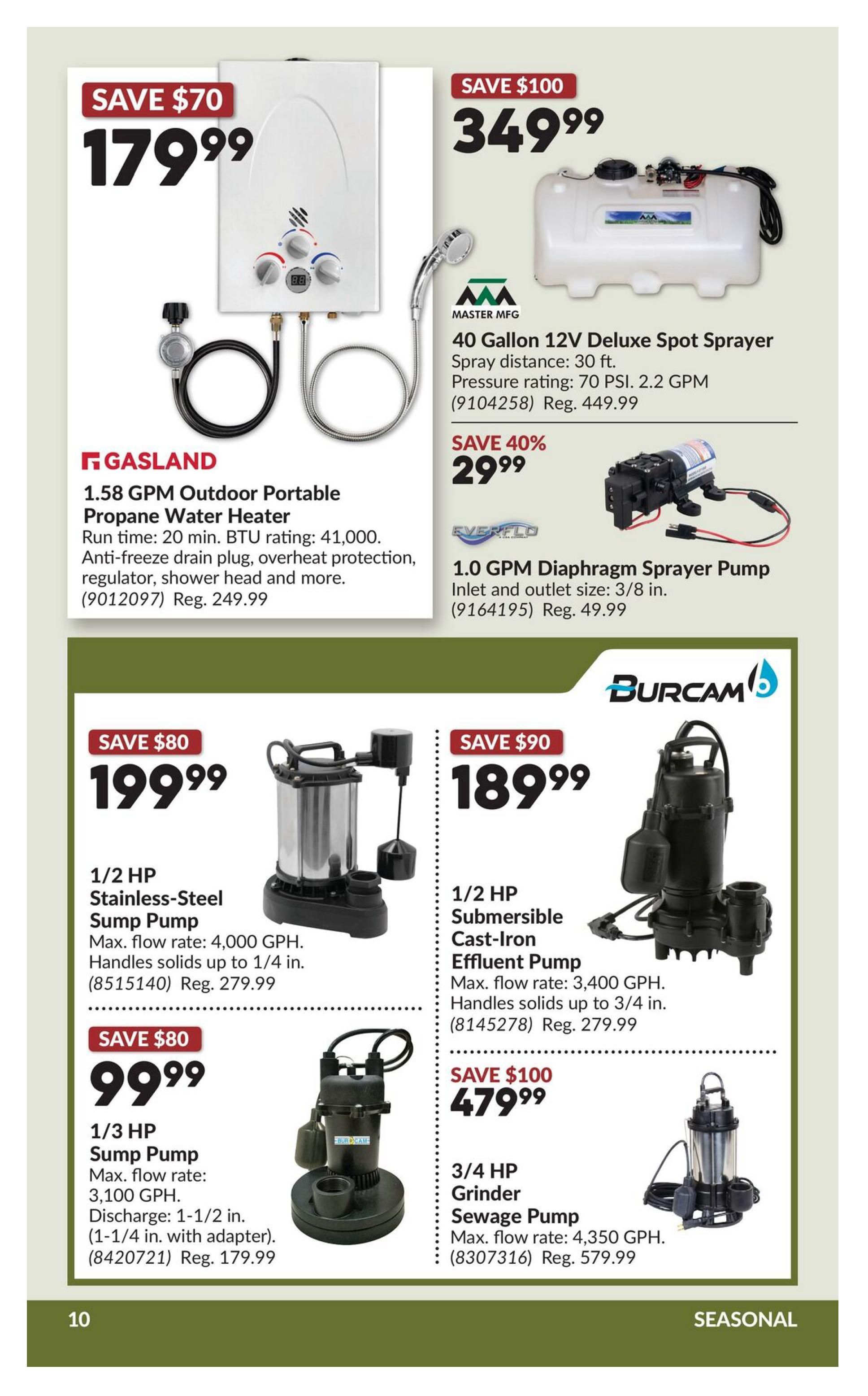 Princess Auto flyer specials page 30. Features a Gasland 1.58 GPM Outdoor Portable Propane Water Heater on sale for $179.99, saving $70 off the regular price of $249.99. Also shown is a Master Mfg 40 Gallon 12V Deluxe Spot Sprayer for $349.99, saving $100 off the regular price of $449.99, with a spray distance of 30 ft and pressure rating of 70 PSI, 2.2 GPM. An Everflo 1.0 GPM Diaphragm Sprayer Pump is available for $29.99, saving 40% off the regular price of $49.99, with 3/8 in. inlet and outlet size. Below, a 1/2 HP Stainless-Steel Sump Pump is priced at $199.99, saving $80 off the regular price of $279.99, with a max flow rate of 4,000 GPH and handles solids up to 1/4 in. A 1/3 HP Sump Pump is on sale for $99.99, saving $80 off the regular price of $179.99, with a max flow rate of 3,100 GPH and 1-1/2 in. discharge. On the right, a Burcam 1/2 HP Submersible Cast-Iron Effluent Pump is $189.99, saving $90 off the regular price of $279.99, with a max flow rate of 3,400 GPH and handles solids up to 3/4 in. Finally, a 3/4 HP Grinder Sewage Pump is $479.99, saving $100 off the regular price of $579.99, with a max flow rate of 4,350 GPH. This page is marked as SEASONAL.