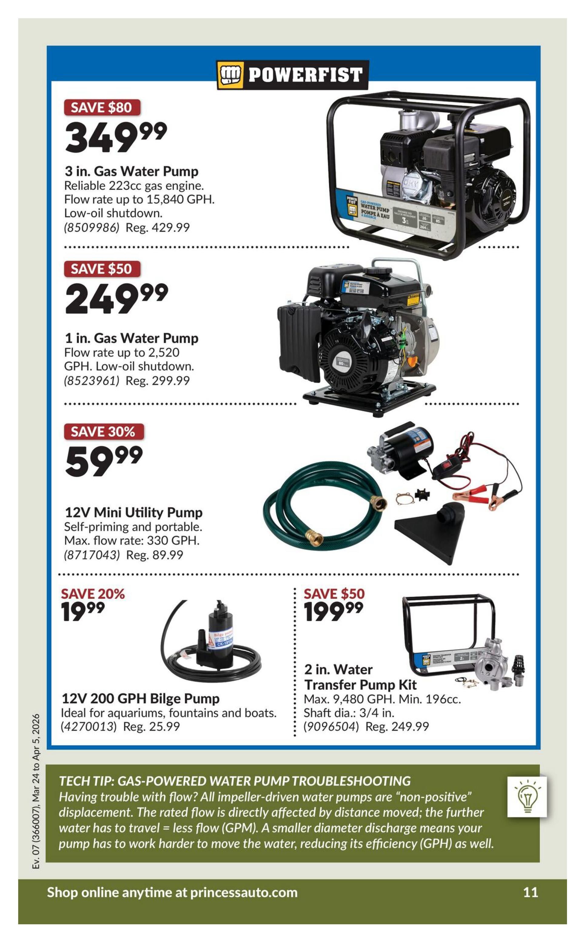 Princess Auto flyer page 31 featuring water pumps. Save $80 on a 3 in. Gas Water Pump with a reliable 223cc gas engine, flow rate up to 15,840 GPH, and low-oil shutdown, now $349.99 (Reg. $429.99). Save $50 on a 1 in. Gas Water Pump with flow rate up to 2,520 GPH and low-oil shutdown, now $249.99 (Reg. $299.99). Save 30% on a 12V Mini Utility Pump, self-priming and portable with a max flow rate of 330 GPH, now $59.99 (Reg. $89.99). Save 20% on a 12V 200 GPH Bilge Pump, ideal for aquariums, fountains, and boats, now $19.99 (Reg. $25.99). Save $50 on a 2 in. Water Transfer Pump Kit with a max flow rate of 9,480 GPH and a 196cc engine, shaft dia. 3/4 in., now $199.99 (Reg. $249.99). Includes a tech tip on troubleshooting gas-powered water pumps. Shop online anytime at princessauto.com. Page 11 of 111.