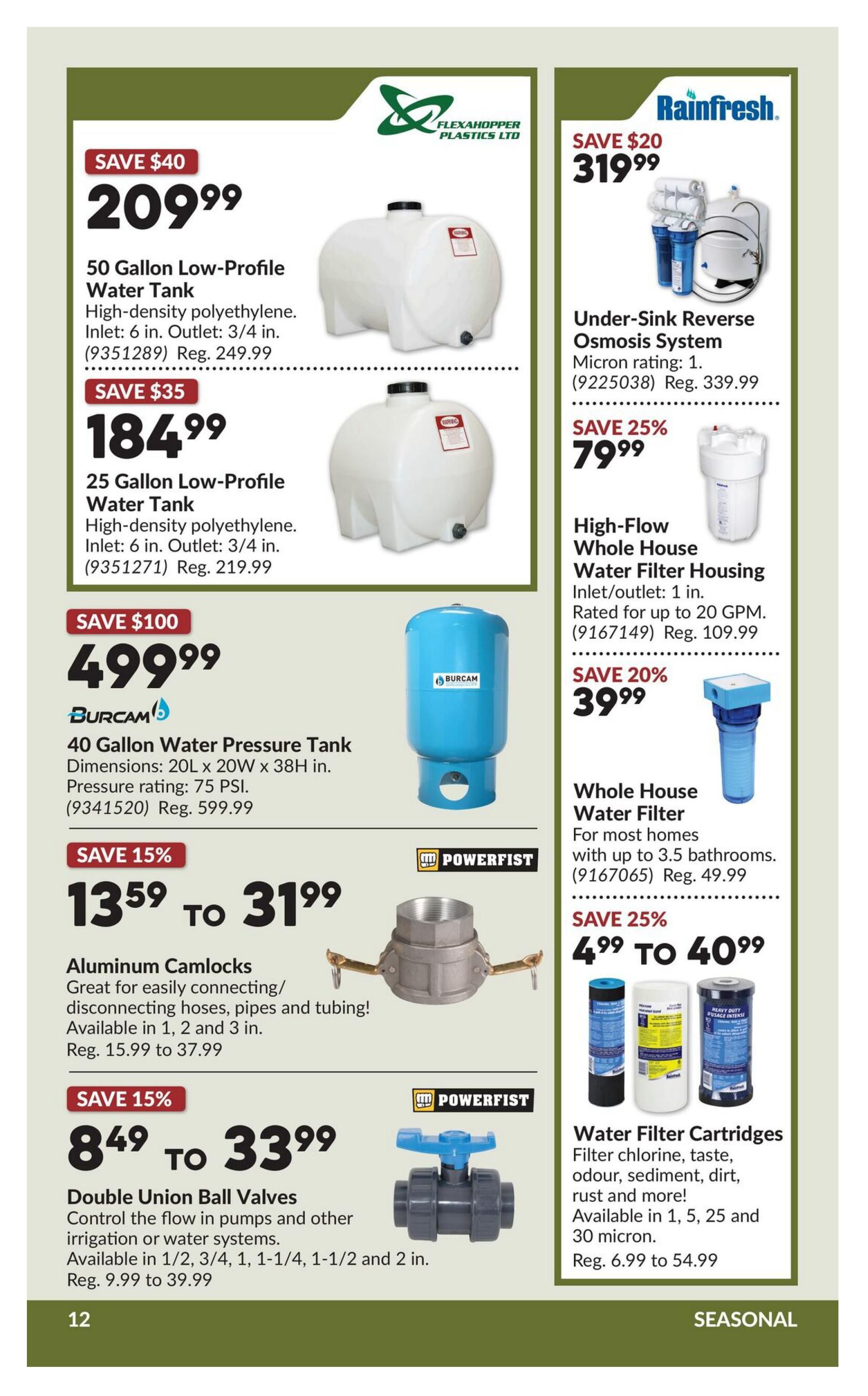 Princess Auto flyer specials page 32 features Flexahopper Plastics Ltd 50 Gallon Low-Profile Water Tank for $209.99 (Save $40, Reg. $249.99) and 25 Gallon Low-Profile Water Tank for $184.99 (Save $35, Reg. $219.99). Also featured is a Burcam 40 Gallon Water Pressure Tank for $499.99 (Save $100, Reg. $599.99). On the right side, Rainfresh Under-Sink Reverse Osmosis System is on sale for $319.99 (Save $20, Reg. $339.99). High-Flow Whole House Water Filter Housing is $79.99 (Save 25%, Reg. $109.99). Whole House Water Filter for most homes is $39.99 (Save 20%, Reg. $49.99). Water Filter Cartridges are available from $4.99 to $40.99 (Save 25%). Powerfist Aluminum Camlocks are available from $13.59 to $31.99 (Save 15%, Reg. $15.99 to $37.99). Powerfist Double Union Ball Valves are available from $8.49 to $33.99 (Save 15%, Reg. $9.99 to $39.99).