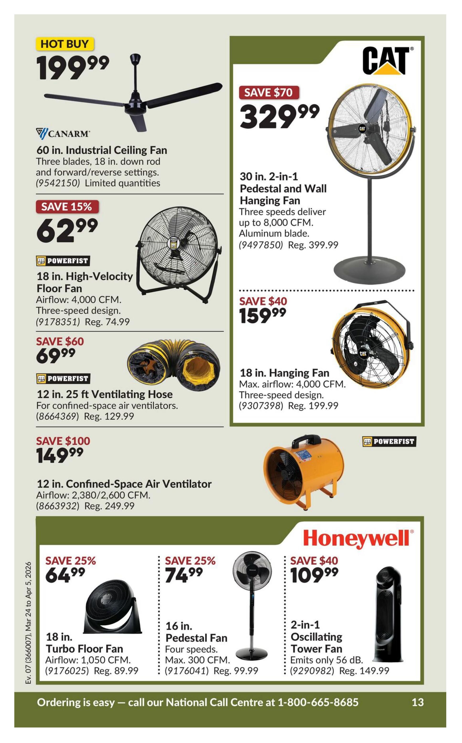 Princess Auto flyer page 33 featuring various fans and ventilation equipment. Hot Buy: 60 in. Industrial Ceiling Fan for $199.99. Save 15% on a Powerfist 18 in. High-Velocity Floor Fan for $62.99 (regular $74.99). Save $60 on a Powerfist 12 in. 25 ft Ventilating Hose for $69.99 (regular $129.99). Save $100 on a 12 in. Confined-Space Air Ventilator for $149.99 (regular $249.99). On the right side, save $70 on a CAT 30 in. 2-in-1 Pedestal and Wall Hanging Fan for $329.99 (regular $399.99). Save $40 on an 18 in. Hanging Fan for $159.99 (regular $199.99). Further down, save 25% on an 18 in. Turbo Floor Fan for $64.99 (regular $89.99). Save 25% on a 16 in. Pedestal Fan for $74.99 (regular $99.99). Finally, save $40 on a Honeywell 2-in-1 Oscillating Tower Fan for $109.99 (regular $149.99), which emits only 56 dB. The flyer is valid from March 24 to April 5, 2026.