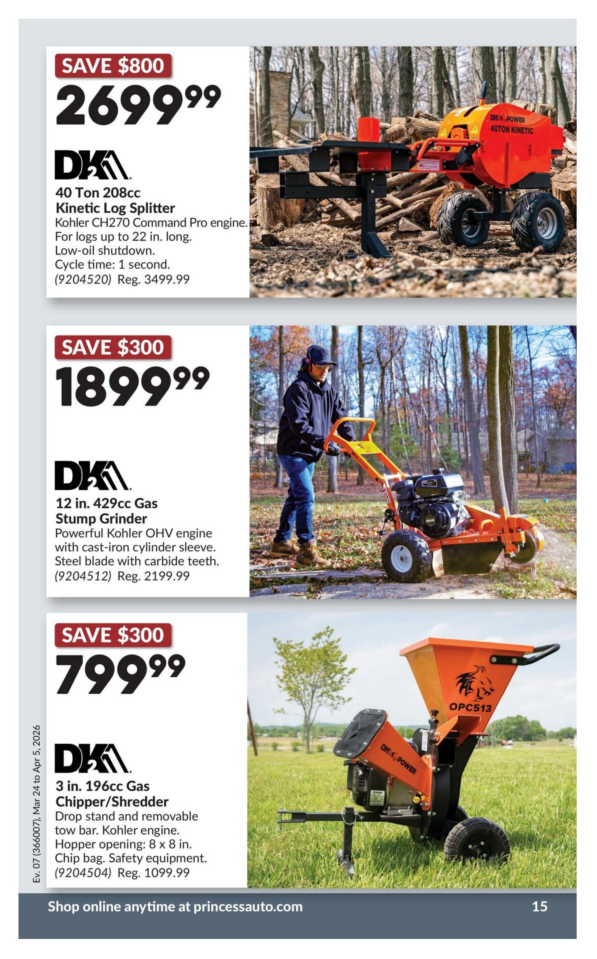 Princess Auto flyer page 35 featuring three heavy-duty equipment deals. Top item is a DK2 Power 40 Ton 208cc Kinetic Log Splitter with Kohler CH270 Command Pro engine, capable of splitting logs up to 22 inches long, with low-oil shutdown and a 1-second cycle time, on sale for $2699.99, saving $800 off the regular price of $3499.99. Below is a DK2 Power 12 in. 199cc Gas Stump Grinder with a powerful Kohler OHV engine, cast-iron cylinder sleeve, and steel blade with carbide teeth, priced at $1899.99, a $300 saving from the regular $2199.99. The third offer is a DK2 Power 3 in. 196cc Gas Chipper/Shredder with a drop stand, removable tow bar, Kohler engine, 8 x 8 inch hopper opening, chip bag, and safety equipment, available for $799.99, a $300 discount from the regular $1099.99. The flyer is valid from March 24 to April 5, 2026. Shop online anytime at princessauto.com.