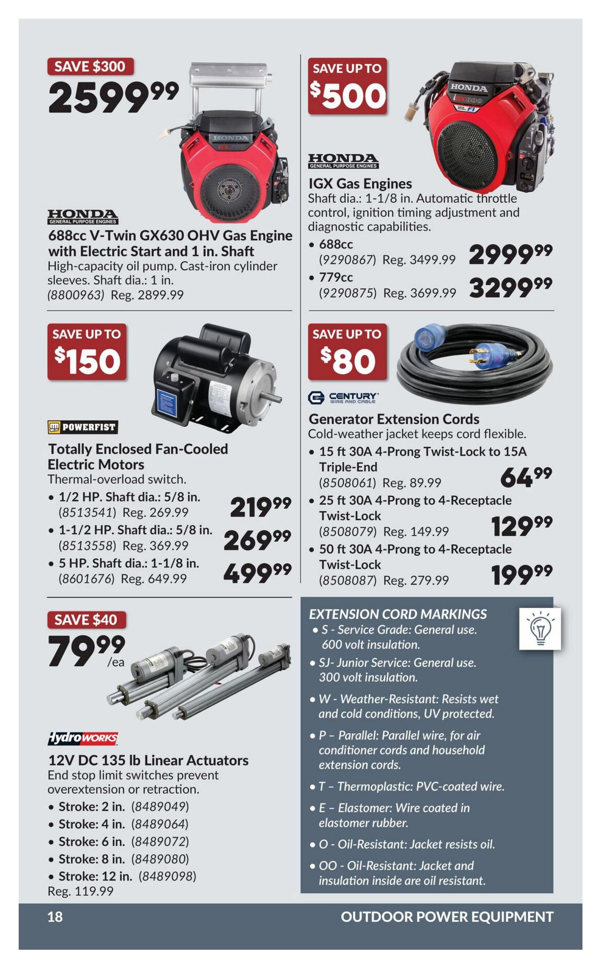 Princess Auto flyer specials page 38 features Honda 688cc V-Twin GX630 OHV Gas Engine with Electric Start and 1 in. Shaft for $2599.99, save $300. Also available is the Honda IGX Gas Engines, including 688cc for $2999.99 (Reg. $3499.99) and 779cc for $3299.99 (Reg. $3699.99), save up to $500. Powerfist Totally Enclosed Fan-Cooled Electric Motors are on sale: 1/2 HP, 5/8 in. Shaft for $219.99 (Reg. $269.99), 1-1/2 HP, 5/8 in. Shaft for $269.99 (Reg. $369.99), and 5 HP, 1-1/8 in. Shaft for $499.99 (Reg. $649.99), save up to $150. Century Generator Extension Cords are available: 15 ft 30A 4-Prong Twist-Lock to 15A Triple-End for $64.99 (Reg. $89.99), 25 ft 30A 4-Prong to 4-Receptacle Twist-Lock for $129.99 (Reg. $149.99), and 50 ft 30A 4-Prong to 4-Receptacle Twist-Lock for $199.99 (Reg. $279.99), save up to $80. HydroWorks 12V DC 135 lb Linear Actuators are on sale for $79.99/ea, save $40, with various stroke lengths including 2 in., 4 in., 6 in., 8 in., and 12 in. (Reg. $119.99). The page also includes Extension Cord Markings information.