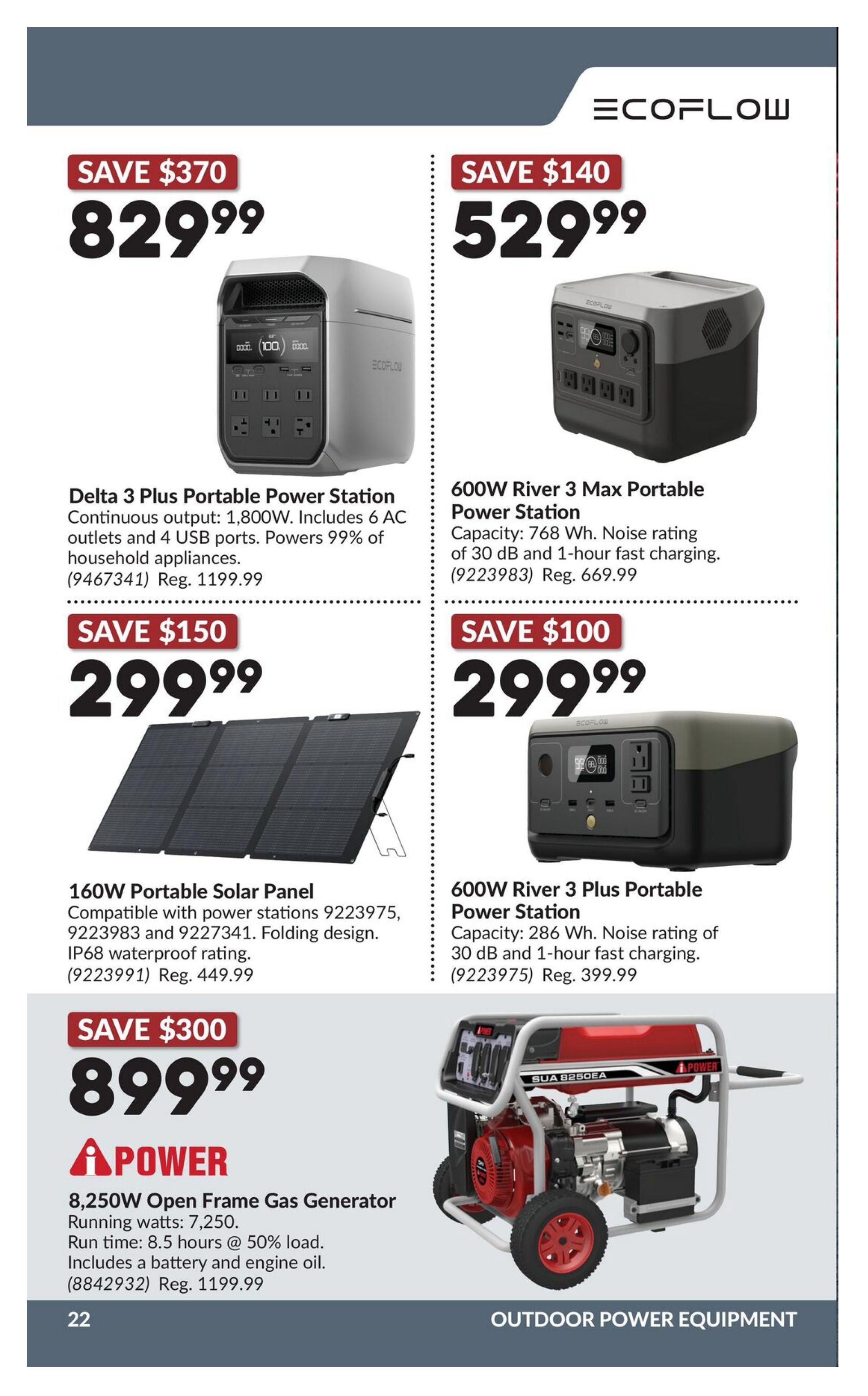 Princess Auto flyer specials page 42 features outdoor power equipment. Save $370 on the EcoFlow Delta 3 Plus Portable Power Station for $829.99, with continuous output of 1,800W and 6 AC outlets plus 4 USB ports. Also save $140 on the EcoFlow 600W River 3 Max Portable Power Station for $529.99, featuring 768 Wh capacity and 1-hour fast charging. Save $150 on a 160W Portable Solar Panel for $299.99, compatible with power stations 9223975, 9223983 and 9227341, with IP68 waterproof rating. Save $100 on the EcoFlow 600W River 3 Plus Portable Power Station for $299.99, with 286 Wh capacity and 1-hour fast charging. Save $300 on an APower 8,250W Open Frame Gas Generator for $899.99, with running watts of 7,250 and 8.5 hours run time at 50% load, includes battery and engine oil.