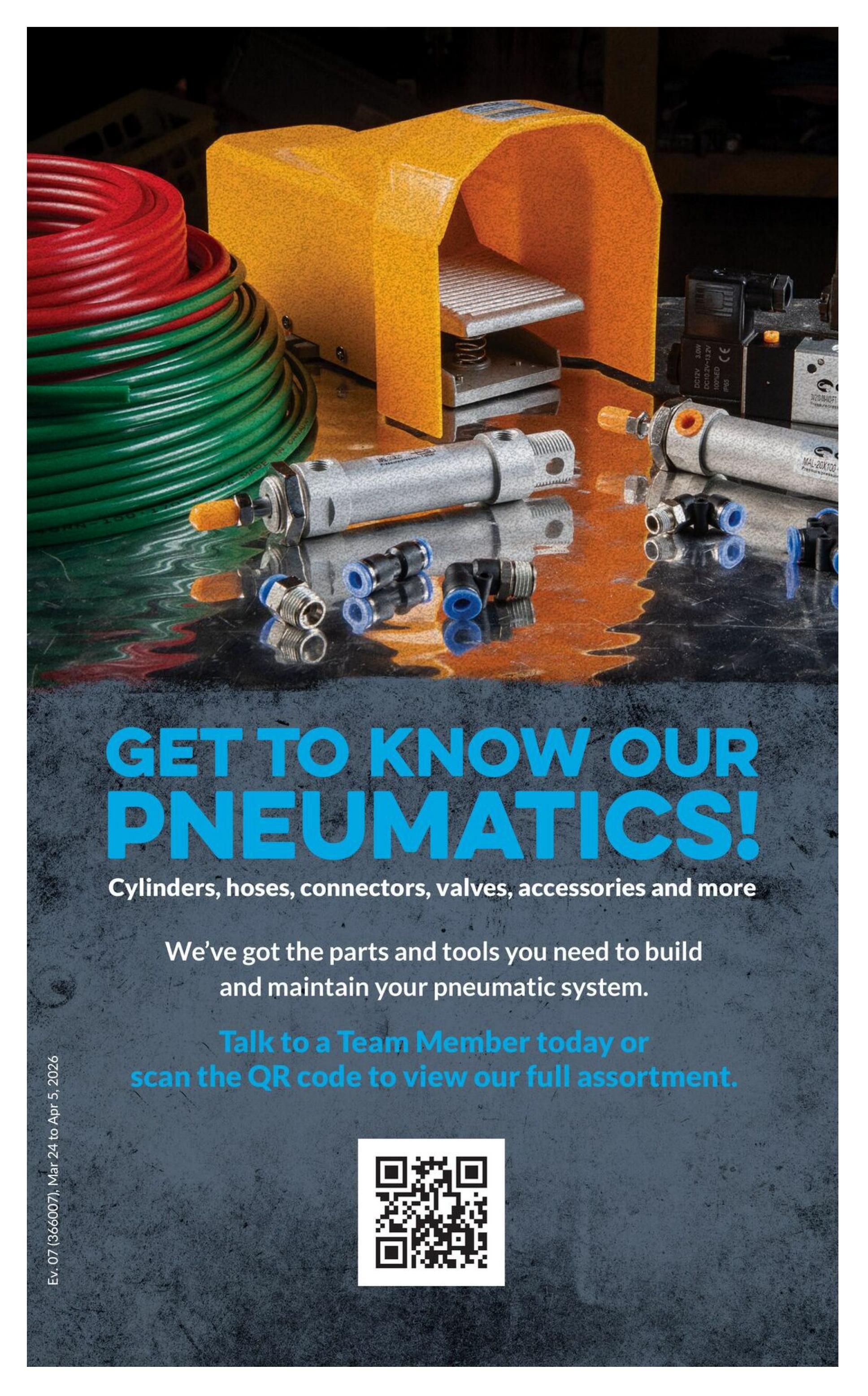Princess Auto flyer page 43 showcasing pneumatic components. Features include red and green air hoses, a yellow foot pedal, pneumatic cylinders, and various connectors and valves. The page highlights 'GET TO KNOW OUR PNEUMATICS!' and mentions 'Cylinders, hoses, connectors, valves, accessories and more.' It invites customers to 'Talk to a Team Member today or scan the QR code to view our full assortment.' The flyer is valid from March 24 to April 5, 2026.