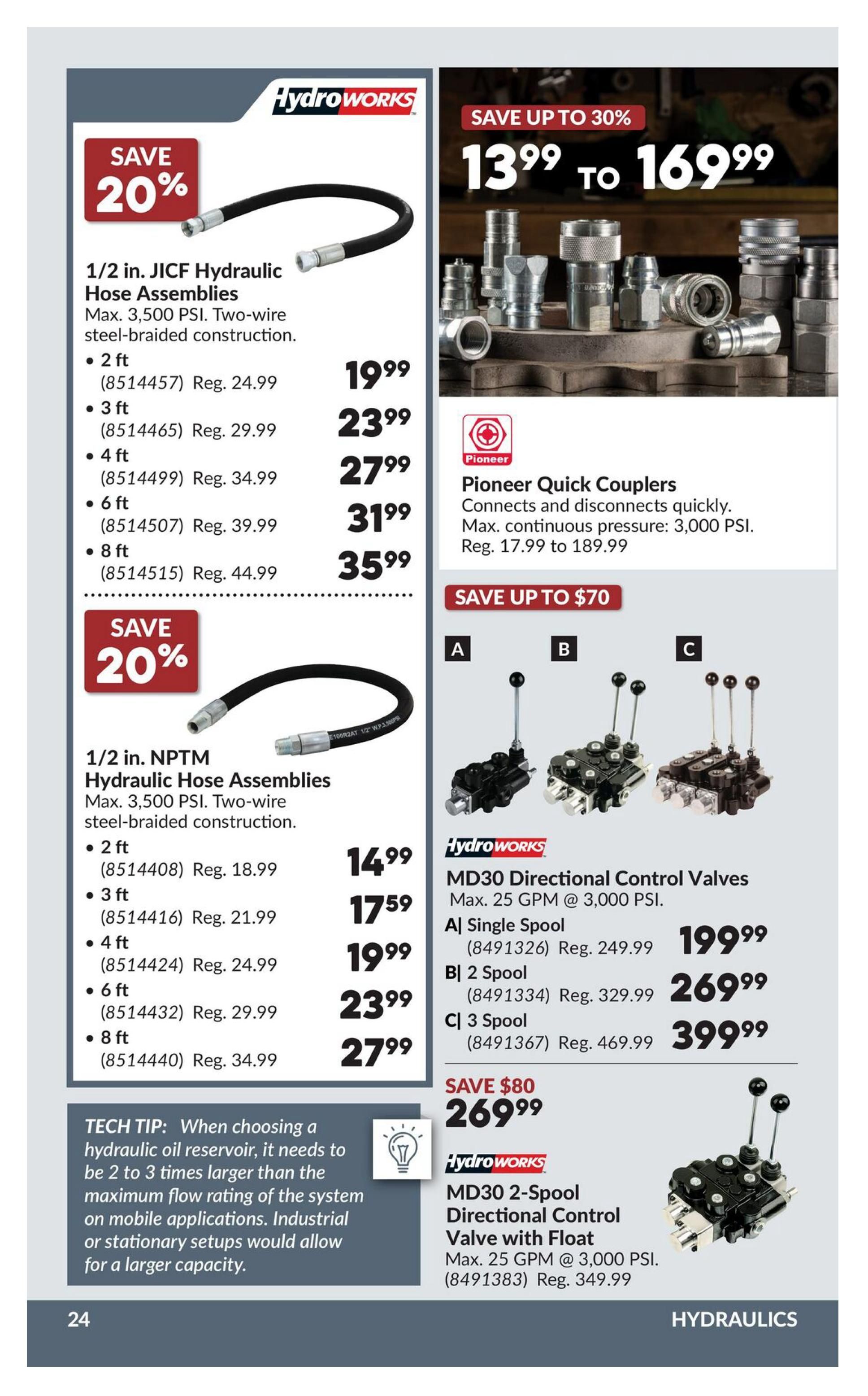 Princess Auto flyer page 44 features HydroWorks 1/2 in. JICF Hydraulic Hose Assemblies with 20% savings, available in various lengths from 2 ft at $19.99 (Reg. $24.99) to 8 ft at $35.99 (Reg. $44.99). Also on sale are HydroWorks 1/2 in. NPTM Hydraulic Hose Assemblies, also with 20% off, ranging from 2 ft at $14.99 (Reg. $18.99) to 8 ft at $27.99 (Reg. $34.99). Pioneer Quick Couplers are on sale with savings up to 30%, priced from $13.99 to $169.99. HydroWorks MD30 Directional Control Valves are featured, including the Single Spool model for $199.99 (Reg. $249.99), the 2 Spool model for $269.99 (Reg. $329.99), and the 3 Spool model for $399.99 (Reg. $469.99). Additionally, the HydroWorks MD30 2-Spool Directional Control Valve with Float is on sale for $269.99 (Reg. $349.99), saving $80. A tech tip about choosing hydraulic oil reservoirs is also included.