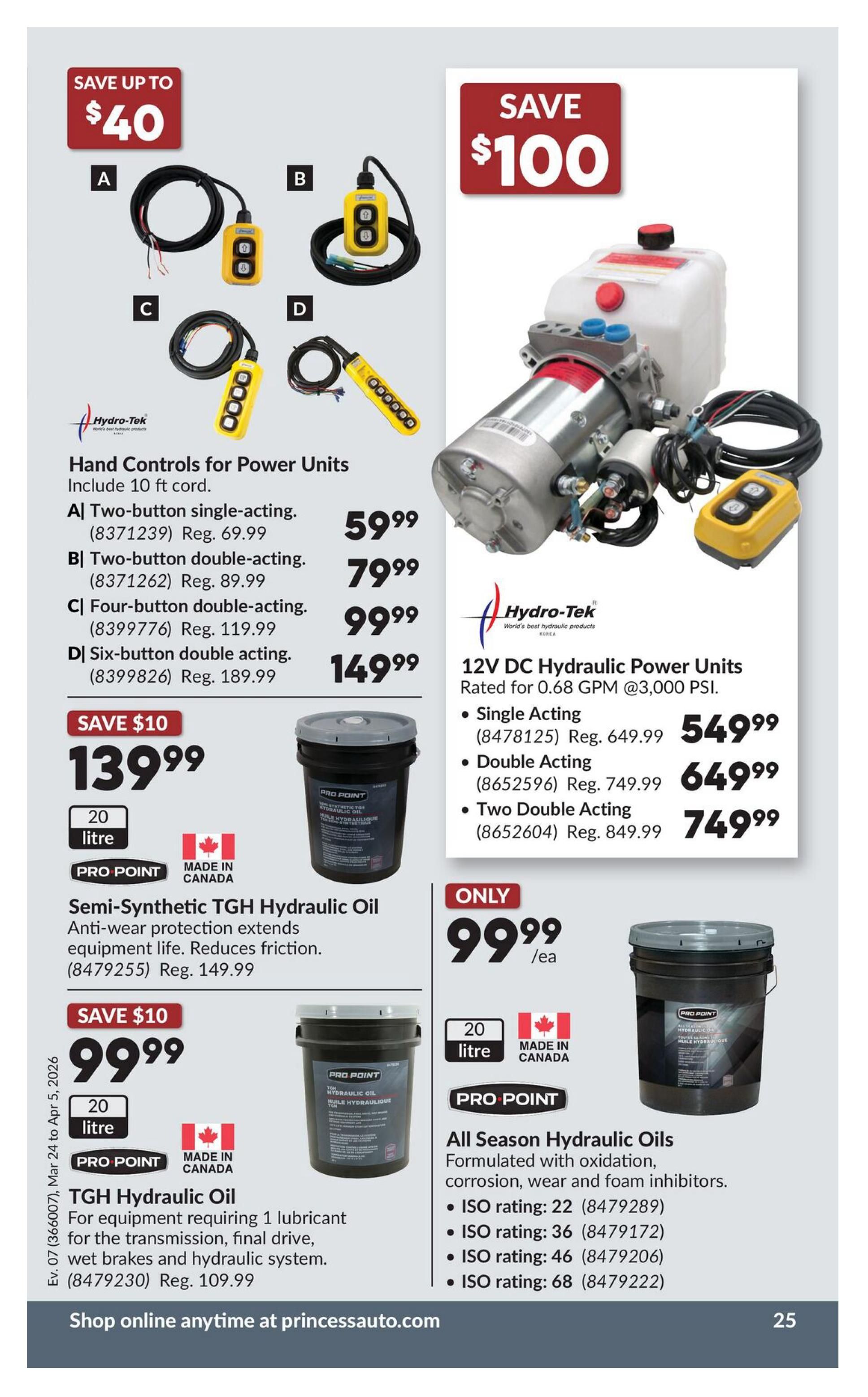 Princess Auto flyer page 45 featuring hydraulic products. Save up to $40 on Hydro-Tek Hand Controls for Power Units, including 10 ft cord. Options include A) Two-button single-acting for $59.99 (Reg. $69.99), B) Two-button double-acting for $79.99 (Reg. $89.99), C) Four-button double-acting for $99.99 (Reg. $119.99), and D) Six-button double-acting for $149.99 (Reg. $189.99). Also featured are 12V DC Hydraulic Power Units rated for 0.68 GPM @3,000 PSI, with Single Acting units at $549.99 (Reg. $649.99), Double Acting at $649.99 (Reg. $749.99), and Two Double Acting at $749.99 (Reg. $849.99). Save $10 on 20-litre Pro Point Semi-Synthetic TGH Hydraulic Oil for $139.99 (Reg. $149.99), offering anti-wear protection and reduced friction. Additionally, save $10 on 20-litre Pro Point TGH Hydraulic Oil for $99.99 (Reg. $109.99), suitable for transmissions, final drives, wet brakes, and hydraulic systems. All Season Hydraulic Oils are formulated with oxidation, corrosion, wear, and foam inhibitors, with ISO ratings including 22, 36, 46, and 68, priced at $99.99 each. Shop online anytime at princessauto.com.
