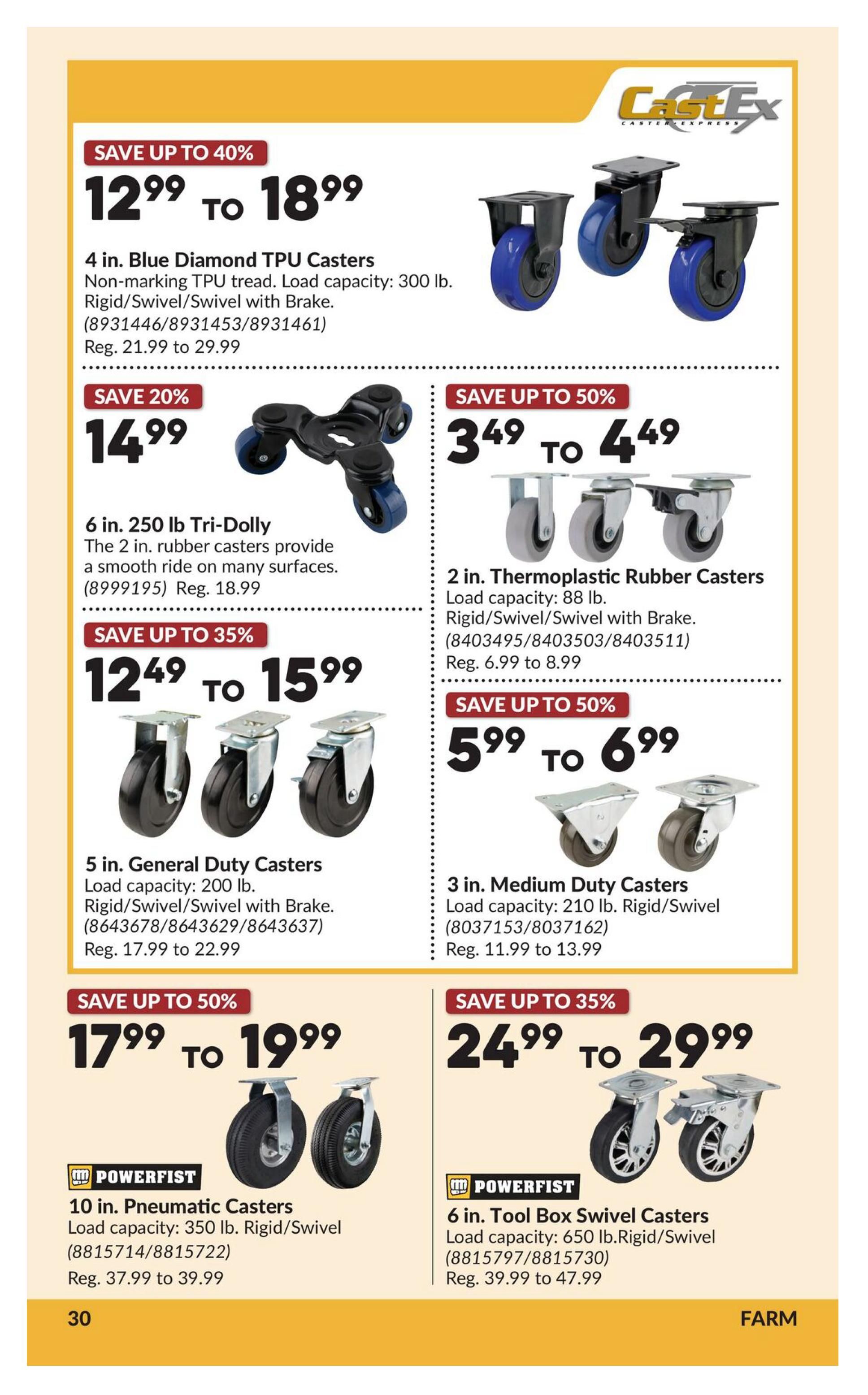 Princess Auto flyer page 50 featuring various casters and dollies. Save up to 40% on 4 in. Blue Diamond TPU Casters, priced from $12.99 to $18.99, with a load capacity of 300 lb. and non-marking TPU tread. Save 20% on a 6 in. 250 lb. Tri-Dolly for $14.99 (reg. $18.99), featuring 2 in. rubber casters. Save up to 50% on 2 in. Thermoplastic Rubber Casters, priced from $3.49 to $4.49, with a load capacity of 88 lb. and available in Rigid/Swivel/Swivel with Brake. Save up to 35% on 5 in. General Duty Casters, priced from $12.49 to $15.99, with a load capacity of 200 lb. and available in Rigid/Swivel/Swivel with Brake. Save up to 50% on 3 in. Medium Duty Casters, priced from $5.99 to $6.99, with a load capacity of 210 lb. and available in Rigid/Swivel. Powerfist 10 in. Pneumatic Casters are on sale for $17.99 to $19.99 (reg. $37.99 to $39.99), with a load capacity of 350 lb. and available in Rigid/Swivel. Powerfist 6 in. Tool Box Swivel Casters are on sale for $24.99 to $29.99 (reg. $39.99 to $47.99), with a load capacity of 650 lb. and available in Rigid/Swivel.