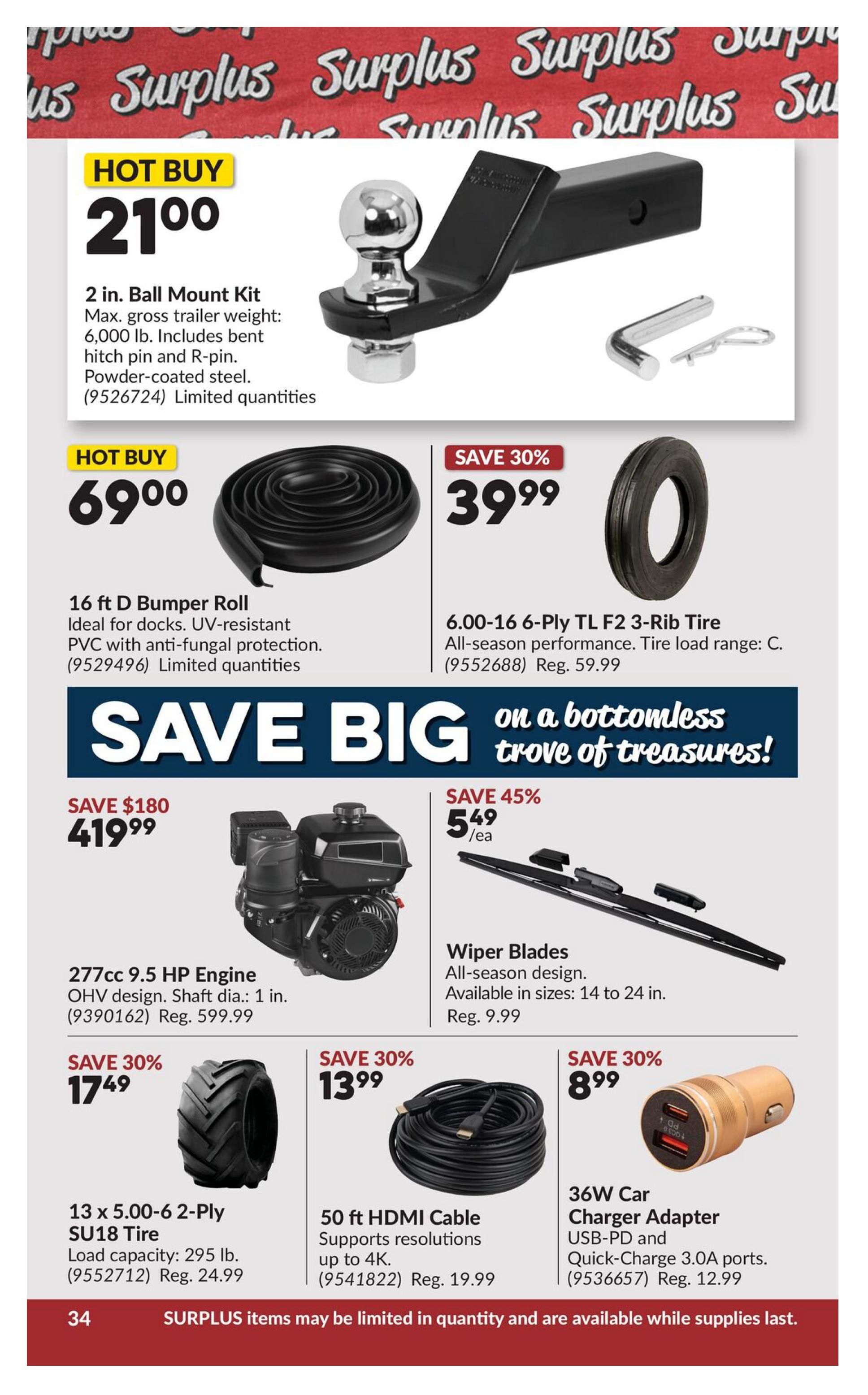 Princess Auto flyer page 54 featuring 'Hot Buy' 2 in. Ball Mount Kit for $21.00, with a max gross trailer weight of 6,000 lbs, including bent hitch pin and R-pin, made of powder-coated steel. Also on 'Hot Buy' is a 16 ft D Bumper Roll for $69.00, ideal for docks and UV-resistant with anti-fungal protection. A 6.00-16 6-Ply TL F2 3-Rib Tire is on sale for $39.99 (Save 30%), offering all-season performance. The page highlights 'Save Big on a bottomless trove of treasures!' with a 277cc 9.5 HP Engine on sale for $419.99 (Save $180). Wiper Blades are available for $5.49 each (Save 45%), with all-season design and sizes from 14 to 24 in. Also featured are a 13 x 5.00-6 2-Ply SU18 Tire for $17.49 (Save 30%), with a load capacity of 295 lbs; a 50 ft HDMI Cable for $13.99 (Save 30%), supporting resolutions up to 4K; and a 36W Car Charger Adapter for $8.99 (Save 30%), featuring USB-PD and Quick-Charge 3.0A ports. The bottom of the page states 'SURPLUS items may be limited in quantity and are available while supplies last.