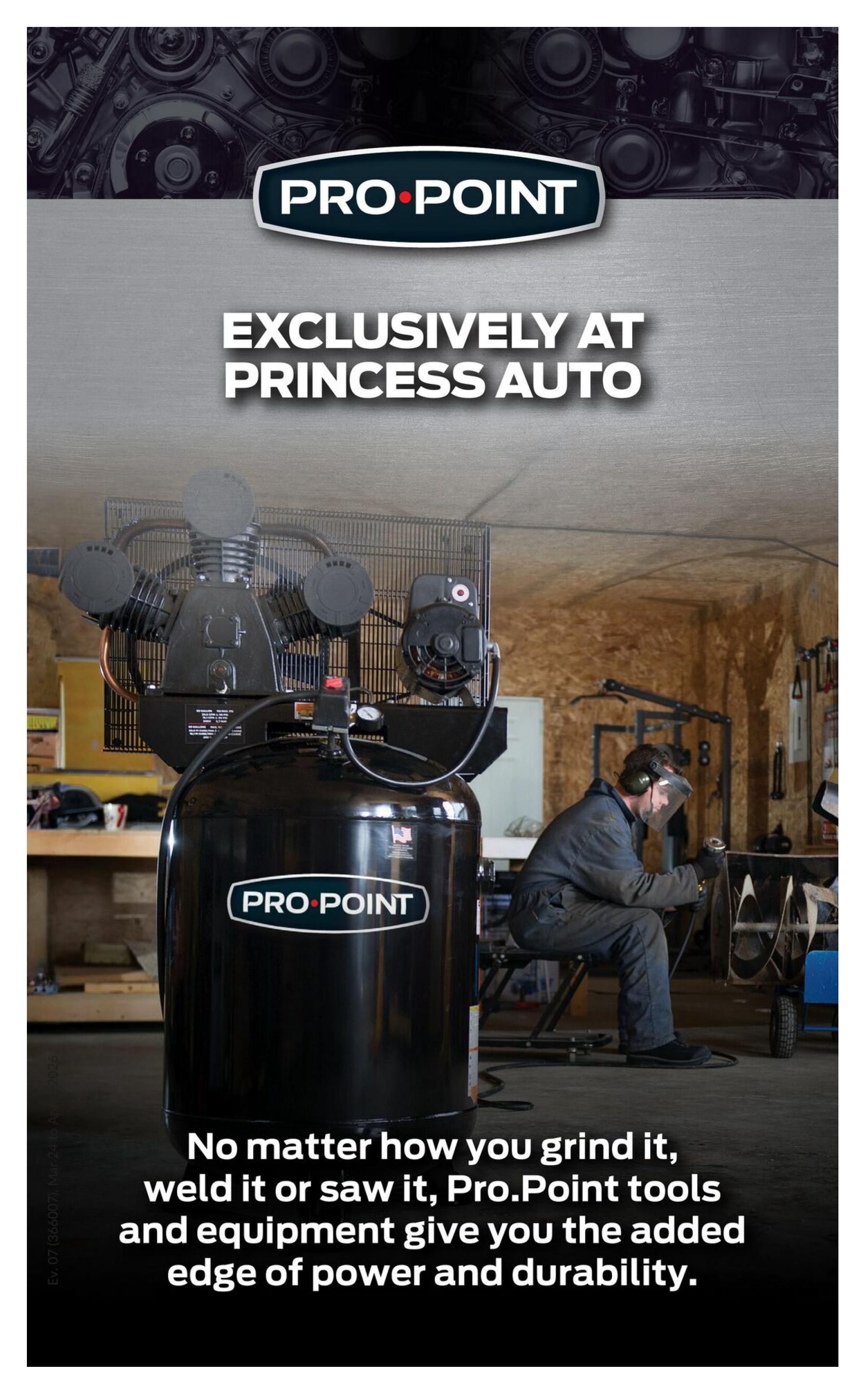 Princess Auto flyer page 65 featuring Pro.Point tools and equipment. The page highlights a large black air compressor with the Pro.Point logo. Text reads 'EXCLUSIVELY AT PRINCESS AUTO' and 'No matter how you grind it, weld it or saw it, Pro.Point tools and equipment give you the added edge of power and durability.' A worker is shown in the background operating machinery.