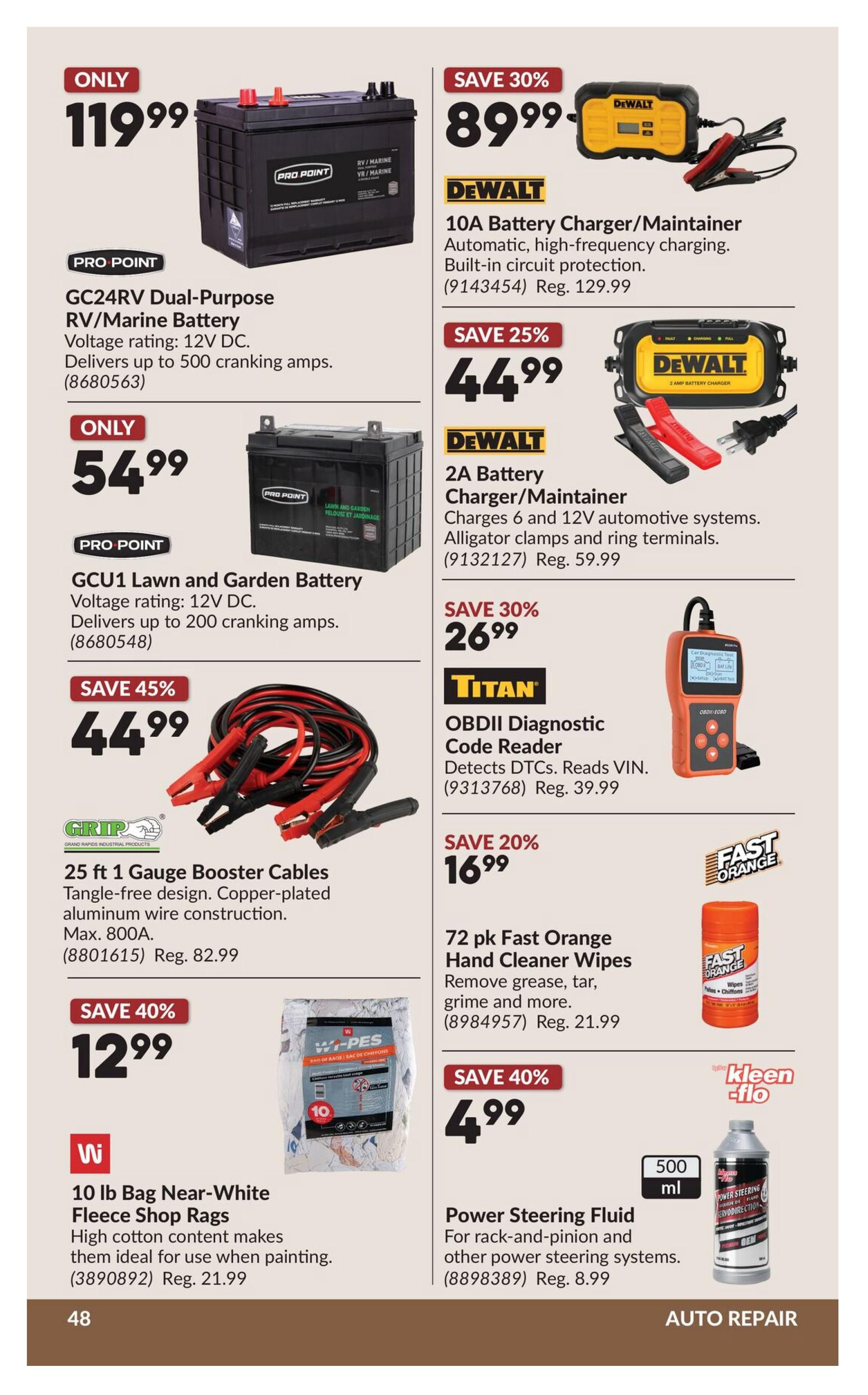 Princess Auto flyer page 68 features auto repair specials. On the left side, a PRO-POINT GC24RV Dual-Purpose RV/Marine Battery is on sale for only $119.99. Below that, a PRO-POINT GCU1 Lawn and Garden Battery is available for only $54.99. Also featured are 25 ft 1 Gauge Booster Cables from GRIP for $44.99, originally $82.99. A 10 lb bag of Wi Near-White Fleece Shop Rags is on sale for $12.99, originally $21.99. On the right side, a DEWALT 10A Battery Charger/Maintainer is 30% off at $89.99, regular price $129.99. Another DEWALT product, the 2A Battery Charger/Maintainer, is 25% off at $44.99, regular price $59.99. A TITAN OBDII Diagnostic Code Reader is 30% off for $26.99, regular price $39.99. A 72 pack of Fast Orange Hand Cleaner Wipes is on sale for $16.99, originally $21.99. Finally, 500 ml of Power Steering Fluid is 40% off at $4.99, regular price $8.99.