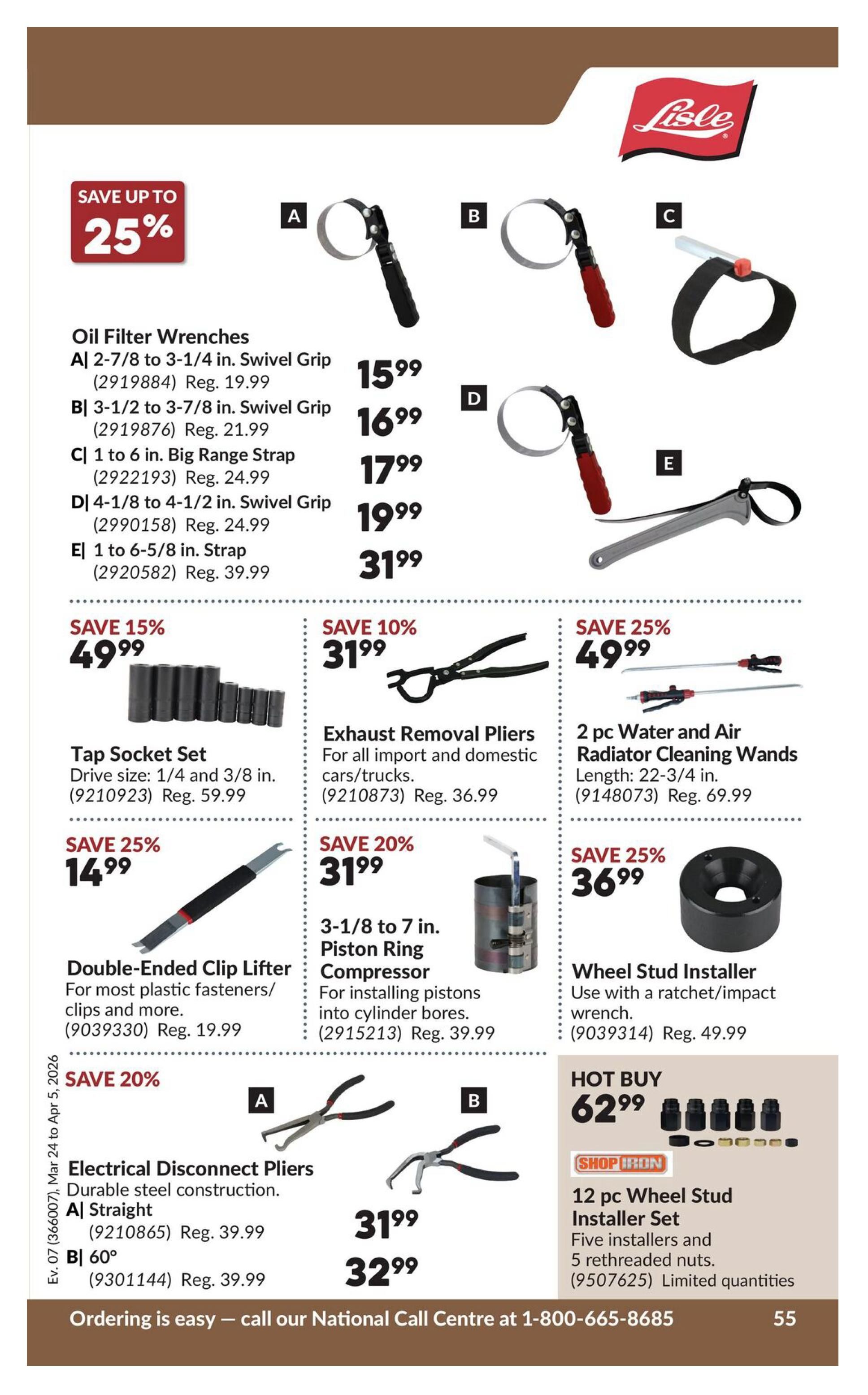 Princess Auto flyer specials page 75 featuring various automotive tools. Top section displays Oil Filter Wrenches with prices ranging from $15.99 to $31.99. Below are a Tap Socket Set on sale for $49.99 (save 15%), Double-Ended Clip Lifters for $14.99 (save 25%), Exhaust Removal Pliers for $31.99 (save 10%), a 3-1/8 to 7 in. Piston Ring Compressor for $31.99 (save 20%), 2 pc Water and Air Radiator Cleaning Wands for $49.99 (save 25%), and a Wheel Stud Installer for $36.99 (save 25%). Also featured is a Hot Buy 12 pc Wheel Stud Installer Set for $62.99. The bottom of the page includes ordering information and a contact number.