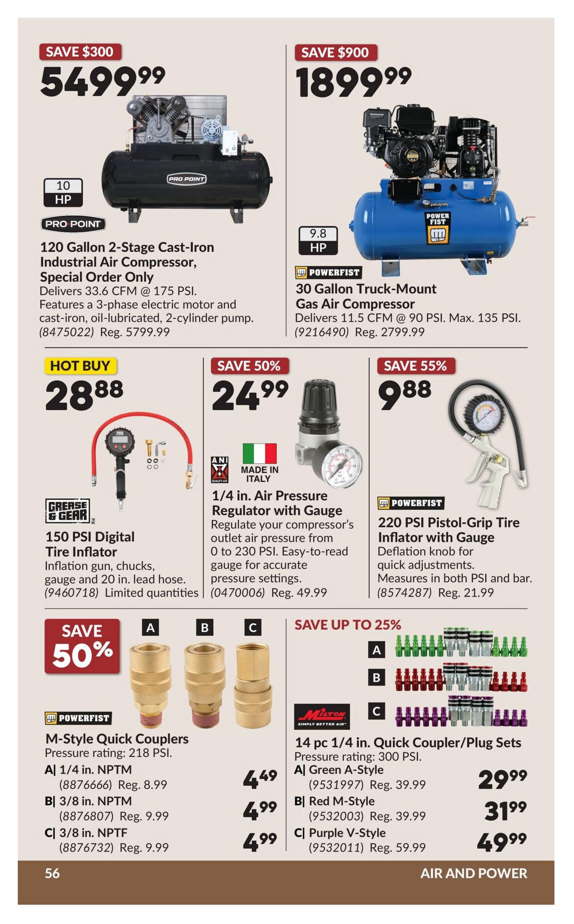 Princess Auto flyer page 76 features air compressors and accessories. On the top left, a 10 HP PRO POINT 120 Gallon 2-Stage Cast-Iron Industrial Air Compressor is on special order for $5499.99, saving $300. It delivers 33.6 CFM at 175 PSI. On the top right, a 9.8 HP POWERFIST 30 Gallon Truck-Mount Gas Air Compressor is on sale for $1899.99, saving $900. It delivers 11.5 CFM at 90 PSI and has a max of 135 PSI. In the middle section, a HOT BUY features the GREASE & GEAR 150 PSI Digital Tire Inflator with chucks, gauge and 20 in. lead hose for $28.88. To its right, a 'Made in Italy' 1/4 in. Air Pressure Regulator with Gauge is 50% off at $24.99, regulating pressure from 0 to 230 PSI. Next to that, a POWERFIST 220 PSI Pistol-Grip Tire Inflator with Gauge is 55% off at $9.88, with a deflation knob and measures in PSI and bar. The bottom section shows POWERFIST M-Style Quick Couplers with a pressure rating of 218 PSI. Coupler A, 1/4 in. NPTM, is $4.49 (Reg. $8.99). Coupler B, 3/8 in. NPTM, is $4.99 (Reg. $9.99). Coupler C, 3/8 in. NPTF, is $4.99 (Reg. $9.99). On the far right, SAVE UP TO 25% on 14 pc 1/4 in. Quick Coupler/Plug Sets by Milton. Set A, Green A-Style, is $29.99 (Reg. $39.99). Set B, Red M-Style, is $31.99 (Reg. $39.99). Set C, Purple V-Style, is $49.99 (Reg. $59.99). The page footer reads 'AIR AND POWER'.