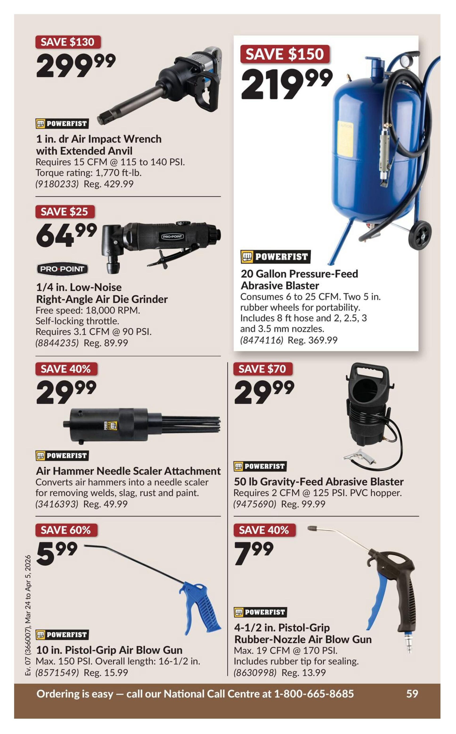 Princess Auto flyer specials page 79. Top left: Powerfist 1 in. air impact wrench with extended anvil, requires 15 CFM @ 115 to 140 PSI, torque rating 1,770 ft-lb, on sale for $299.99 (Save $130). Top right: Powerfist 20 gallon pressure-feed abrasive blaster, consumes 6 to 25 CFM, includes 8 ft hose and 2, 2.5, 3 and 3.5 mm nozzles, on sale for $219.99 (Save $150). Middle left: Pro-Point 1/4 in. low-noise right-angle air die grinder, free speed 18,000 RPM, self-locking throttle, requires 3.1 CFM @ 90 PSI, on sale for $64.99 (Save $25). Middle right: Powerfist 50 lb gravity-feed abrasive blaster, requires 2 CFM @ 125 PSI, PVC hopper, on sale for $29.99 (Save $70). Bottom left: Powerfist 10 in. pistol-grip air blow gun, max 150 PSI, overall length 16-1/2 in., on sale for $5.99 (Save 60%). Bottom right: Powerfist 4-1/2 in. pistol-grip rubber-nozzle air blow gun, max 19 CFM @ 170 PSI, includes rubber tip for sealing, on sale for $7.99 (Save 40%).