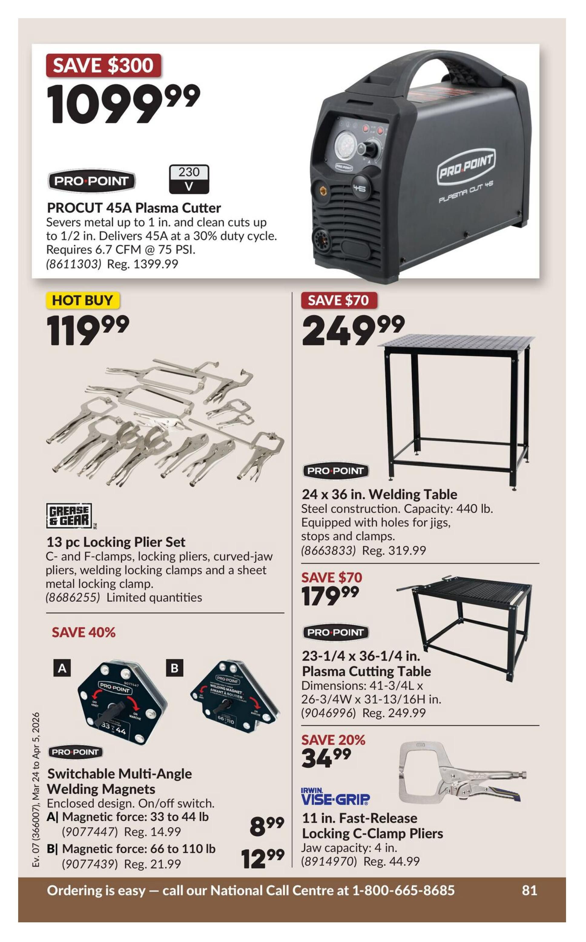 Princess Auto flyer page 101 featuring welding and metalworking specials. Save $300 on the PRO POINT PROCUT 45A Plasma Cutter for $1099.99, which severs metal up to 1 inch and requires 6.7 CFM @ 75 PSI. Hot Buy: A 13 pc Grease & Gear Locking Plier Set, including C-clamps, F-clamps, curved-jaw pliers, welding locking clamps, and a sheet metal locking clamp, is available for $119.99. Save $70 on a PRO POINT 24 x 36 in. Welding Table with steel construction and a 440 lb capacity for $249.99. Save 40% on PRO POINT Switchable Multi-Angle Welding Magnets: Model A with 33 to 44 lb magnetic force for $8.99 (Reg. $14.99) and Model B with 66 to 110 lb magnetic force for $12.99 (Reg. $21.99). Also featured is a PRO POINT 23-1/4 x 36-1/4 in. Plasma Cutting Table for $179.99 (Reg. $249.99). Save 20% on IRWIN VISE-GRIP 11 in. Fast-Release Locking C-Clamp Pliers with a 4-inch jaw capacity for $34.99 (Reg. $44.99).