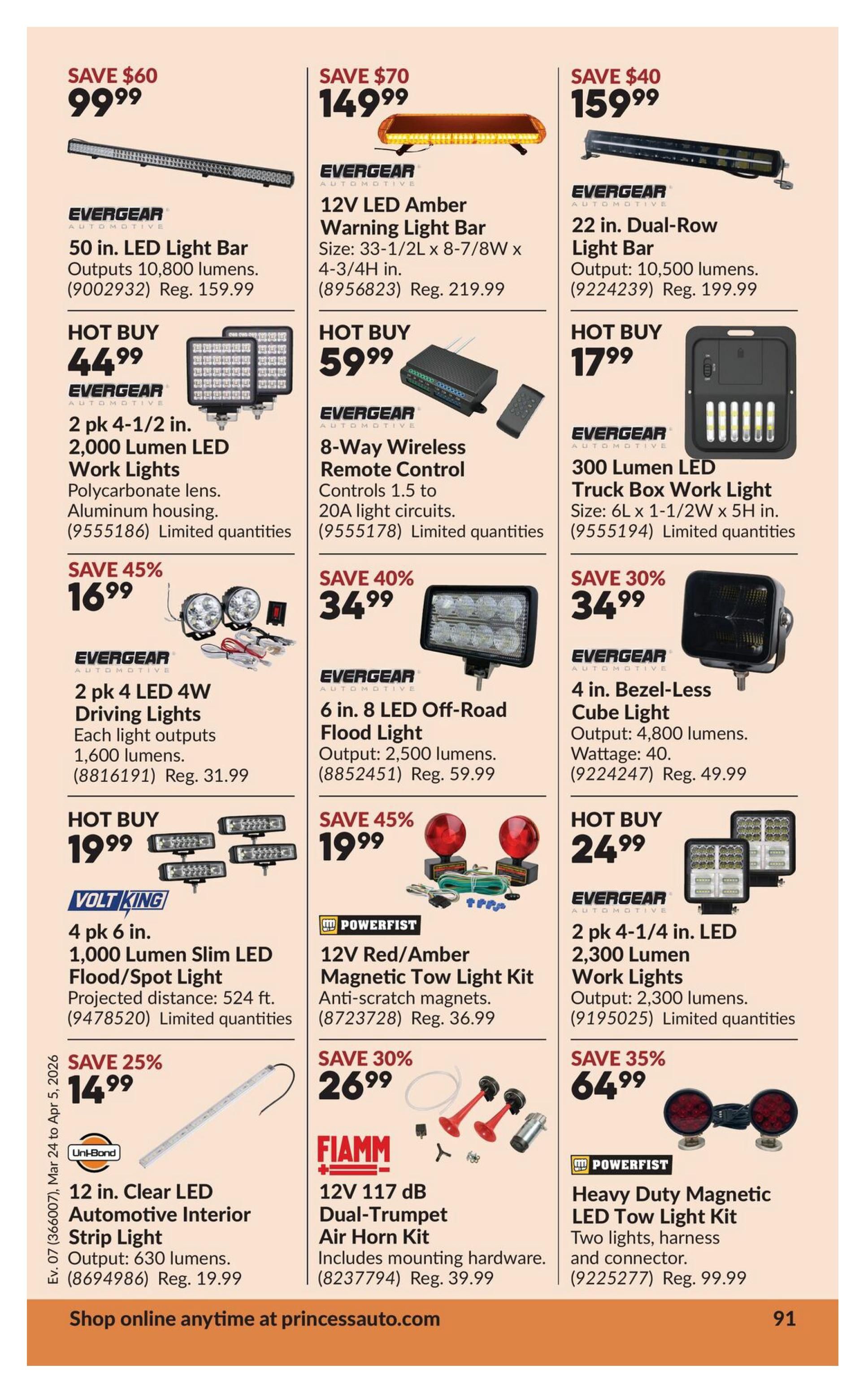 Princess Auto flyer page 111 featuring various automotive lighting and accessories. Deals include a 50 in. LED Light Bar for $99.99 (Save $60), a 12V LED Amber Warning Light Bar for $149.99 (Save $70), and a 22 in. Dual-Row Light Bar for $159.99 (Save $40). Also featured are 2 pk 4-1/2 in. 2,000 Lumen LED Work Lights for $44.99 (Hot Buy), an 8-Way Wireless Remote Control for $59.99 (Hot Buy), and a 300 Lumen LED Truck Box Work Light for $17.99. Additional offers include 2 pk 4 LED 4W Driving Lights for $16.99 (Save 45%), a 6 in. 8 LED Off-Road Flood Light for $34.99 (Save 40%), and a 4 in. Bezel-Less Cube Light for $34.99 (Save 30%). Other items on sale are a 4 pk 6 in. 1,000 Lumen Slim LED Flood/Spot Light for $19.99 (Hot Buy), a 12V Red/Amber Magnetic Tow Light Kit for $19.99 (Save 45%), a 12 in. Clear LED Automotive Interior Strip Light for $14.99 (Save 25%), a 12V 117 dB Dual-Trumpet Air Horn Kit for $26.99 (Save 30%), and a Heavy Duty Magnetic LED Tow Light Kit for $64.99 (Save 35%). Shop online at princessauto.com.