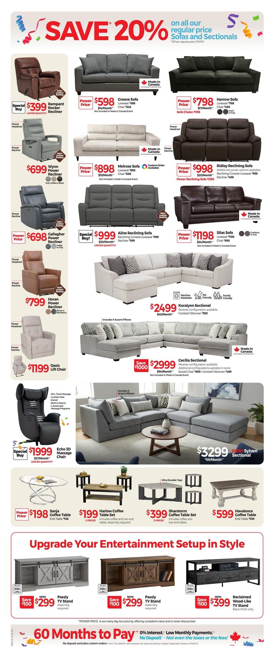 Tepperman's Weekly Flyer Specials Page 6: Save 20% on regular price sofas and sectionals. Featured items include the Special Buy Rampart Rocker Recliner for $399, Wynn Power Recliner for $699, Gallagher Power Recliner for $698, and Horan Power Recliner for $799. Sofas on sale are the Groove Sofa for $598, Melrose Sofa for $898, and Silas Sofa for $1198. Sectionals include the Aline Reclining Sofa for $999, Koralynn Sectional for $2499, and Cecilia Sectional for $2999 (save $1000). Also featured is the Ridley Reclining Sofa for $998 and the Oasis Lift Chair for $1199. The Echo 3D Massage Chair is a Special Buy at $1999. Coffee tables include the Sanja Coffee Table for $198, Harlow Coffee Table Set for $199, Sharstorm Coffee Table Set for $399, and Havalance Coffee Table for $599. Entertainment units include the Passly TV Stand for $299 (save $100) and the Reclaimed Wood-Like TV Stand for $399 (save $100). Financing options include 60 Months to Pay with 0% interest and no deposit.