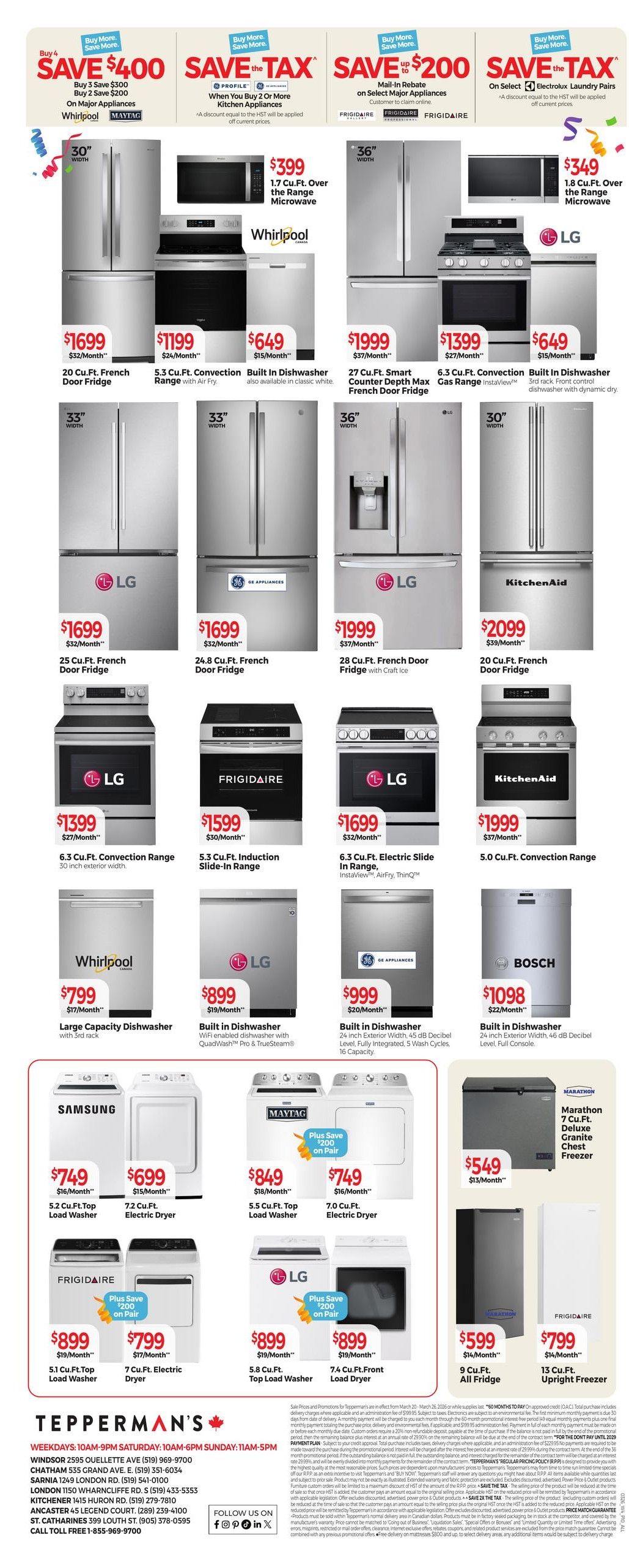 Tepperman's Weekly Flyer Specials Page 10 features major appliance savings. Top banner promotions include 'Save $400' on select major appliances, 'Save the Tax' when you buy 2 or more kitchen appliances, and 'Save up to $200' mail-in rebate on select major appliances. Featured products include Whirlpool 30' 20 Cu.Ft. French Door Fridge for $1699, Whirlpool 5.3 Cu.Ft. Convection Range with Air Fry for $1199, and a Built-in Dishwasher for $649. LG appliances include a 36' 27 Cu.Ft. Smart Counter Depth Max French Door Fridge for $1999, a 36' 28 Cu.Ft. French Door Fridge with Craft Ice for $1999, and a 30' 20 Cu.Ft. French Door Fridge for $2099. Other featured appliances are a KitchenAid 6.3 Cu.Ft. Convection Range for $1399, a Frigidaire 5.3 Cu.Ft. Induction Slide-in Range for $1599, an LG 6.3 Cu.Ft. Electric Slide In Range for $1699, and a KitchenAid 5.0 Cu.Ft. Convection Range for $1999. Dishwashers are on sale from Whirlpool for $799, LG for $899, GE Appliances for $999, and Bosch for $1098. Washer and dryer sets are also featured, including Samsung 5.2 Cu.Ft. Top Load Washer for $749 and 7.2 Cu.Ft. Electric Dryer for $699. Maytag 5.5 Cu.Ft. Top Load Washer for $849 and 7.0 Cu.Ft. Electric Dryer for $749. Frigidaire 5.1 Cu.Ft. Top Load Washer for $899 and 7 Cu.Ft. Electric Dryer for $799. LG 5.8 Cu.Ft. Top Load Washer for $899 and 7.4 Cu.Ft. Front Load Dryer for $899. Finally, a Marathon 7 Cu.Ft. Deluxe Granite Chest Freezer is $549 and a Frigidaire 13 Cu.Ft. Upright Freezer is $799.