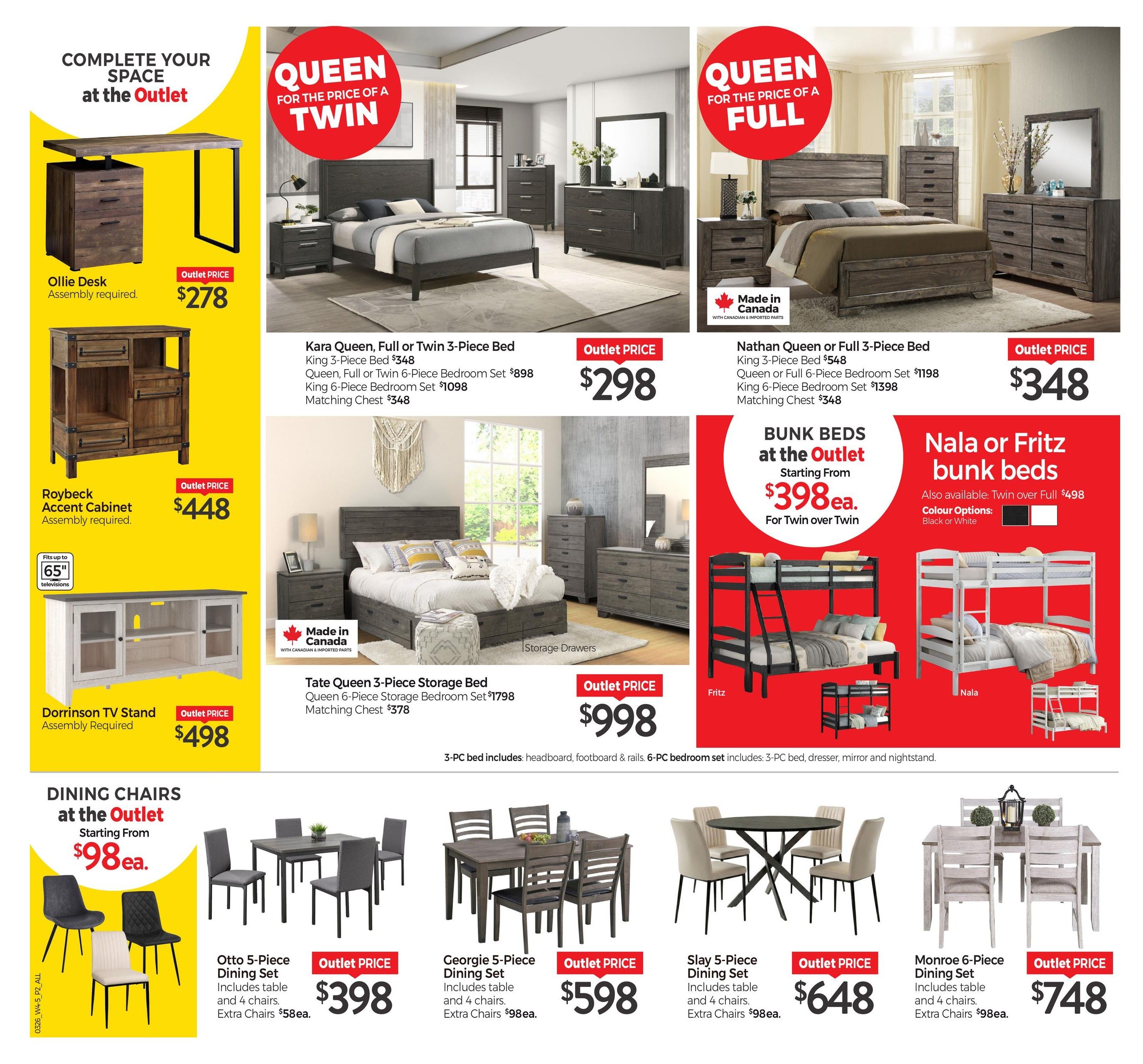 Tepperman's weekly flyer specials page 13 features 'Complete Your Space at the Outlet' deals. The Ollie Desk is available for an outlet price of $278. The Roybeck Accent Cabinet is $448 and fits up to 65' televisions. The Dorrinson TV Stand is $498, assembly required. Bedroom sets include the Kara Queen, Full or Twin 3-Piece Bed for $348, with Queen, Full or Twin 6-Piece Bedroom Sets for $898 and King 6-Piece Bedroom Sets for $1098, plus a matching chest for $348. The Nathan Queen or Full 3-Piece Bed is $348, with Queen or Full 6-Piece Bedroom Sets for $1198 and King 6-Piece Bedroom Sets for $1398, plus a matching chest for $348. Both sets are 'Queen for the price of a Twin' or 'Queen for the price of a Full' respectively. The Tate Queen 3-Piece Storage Bed is $998, with a Queen 6-Piece Storage Bedroom Set for $1798 and a matching chest for $378. Bunk beds at the outlet start from $398 each for Twin over Twin. Nala or Fritz bunk beds are available, with Twin over Full for $498, in black or white colour options. Dining chairs at the outlet start from $98 each. Dining sets include the Otto 5-Piece Dining Set for $398, Georgie 5-Piece Dining Set for $598, Slay 5-Piece Dining Set for $648, and Monroe 6-Piece Dining Set for $748. All dining sets include a table and 4 chairs, with extra chairs priced at $98 each.
