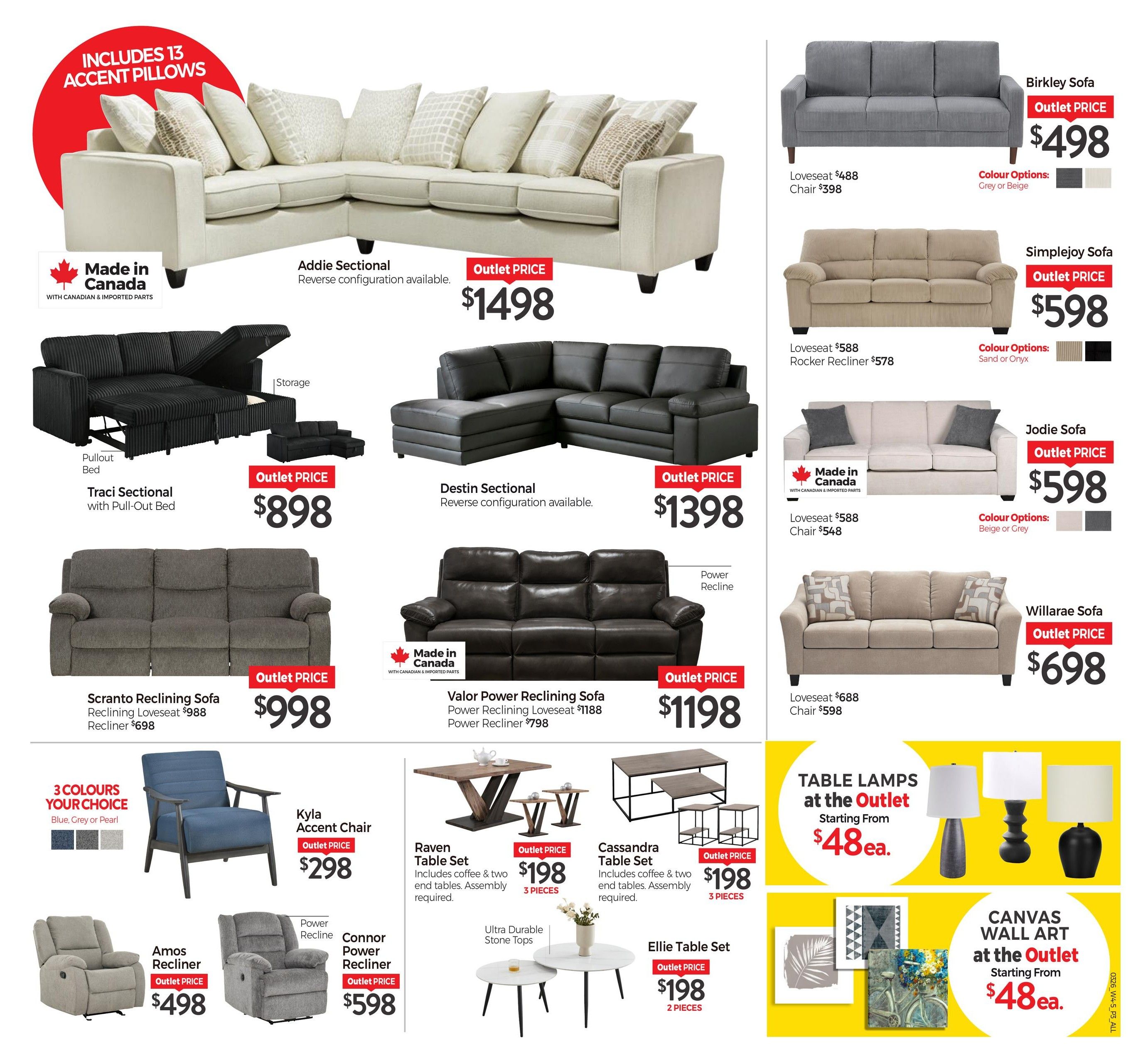 Tepperman's Weekly Flyer Specials Page 14 features a large Addie Sectional sofa made in Canada, including 13 accent pillows, for an outlet price of $1498. Also available is the Traci Sectional with a pull-out bed and storage for $898, and the Destin Sectional for $1398. Reclining furniture includes the Scranto Reclining Sofa for $998, featuring a reclining loveseat at $988 and recliner at $698. The Valor Power Reclining Sofa is $1198, with a power reclining loveseat at $1188 and power recliner at $798. Other seating options include the Birkley Sofa with loveseat at $488 and chair at $398, available in grey or beige. The Simplejoy Sofa has a loveseat at $588 and rocker recliner at $578, in sand or onyx. The Jodie Sofa is $598, with loveseat at $588 and chair at $548, available in beige or grey. The Willarae Sofa is $698, with loveseat at $688 and chair at $598. Accent seating includes the Kyla Accent Chair in blue, grey, or pearl for $298. Power recliners are also featured: the Amos Recliner for $498 and the Connor Power Recliner for $598. Dining and accent tables include the Raven Table Set (coffee and two end tables) for $198, the Cassandra Table Set (coffee and two end tables) for $198, and the Ellie Table Set (2 pieces) for $198, all requiring assembly and featuring ultra-durable stone tops. Additionally, table lamps start from $48 each, and canvas wall art starts from $48 each.