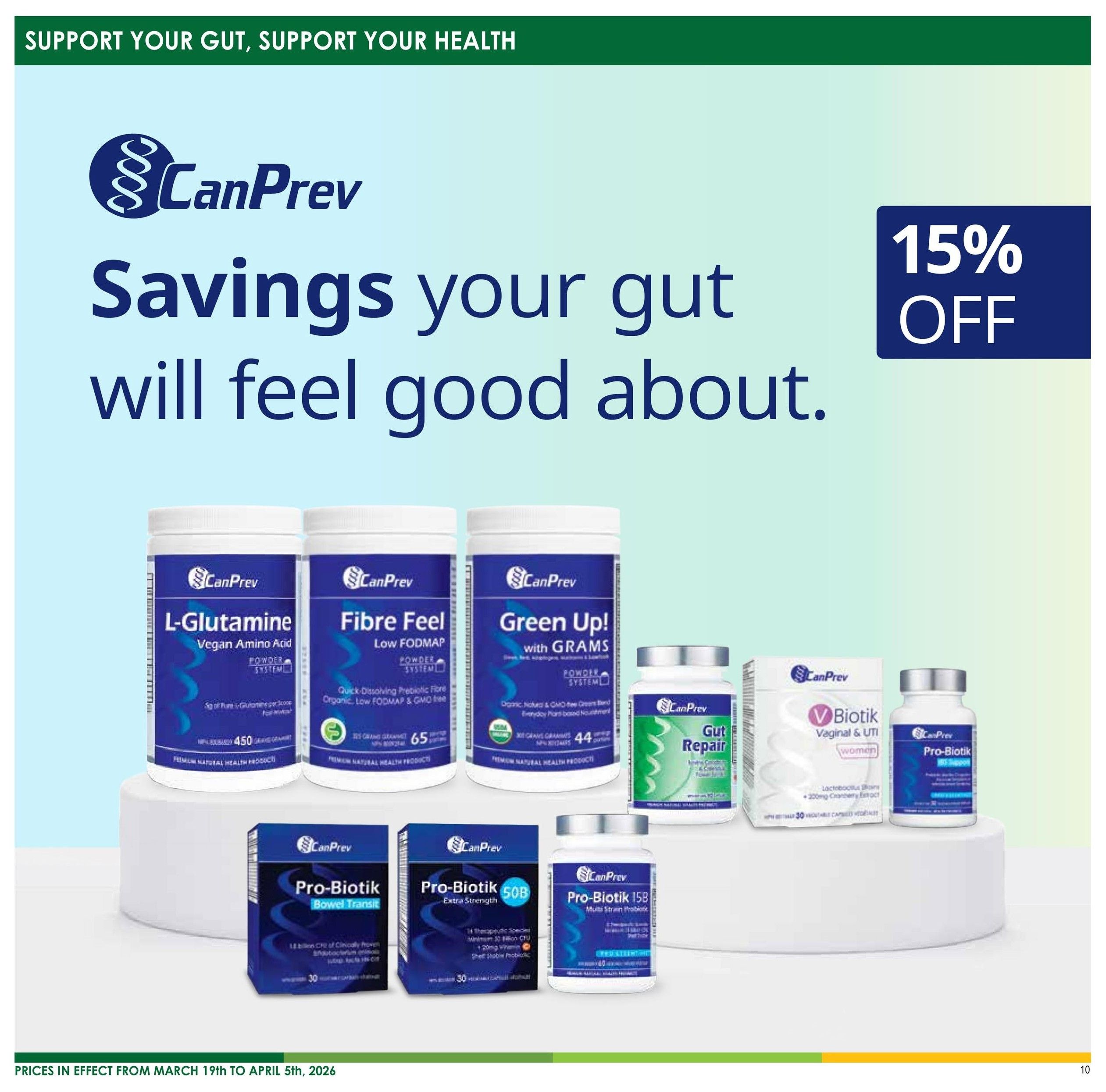 Nature's Emporium flyer page 10 features CanPrev products with a 15% off discount. Featured products include CanPrev L-Glutamine Vegan Amino Acid powder (450 grams), CanPrev Fibre Feel Low FODMAP powder (65 grams), CanPrev Green Up! with GRAMS powder (44 grams), CanPrev Gut Repair capsules, CanPrev V-Biotic Vaginal & UTI capsules for women, CanPrev Pro-Biotic Bowel Transit capsules (30 count), CanPrev Pro-Biotic Extra Strength 50B capsules (30 count), and CanPrev Pro-Biotic 15B Multi Strain Probiotic capsules (30 count). Prices are effective from March 19th to April 5th, 2026.