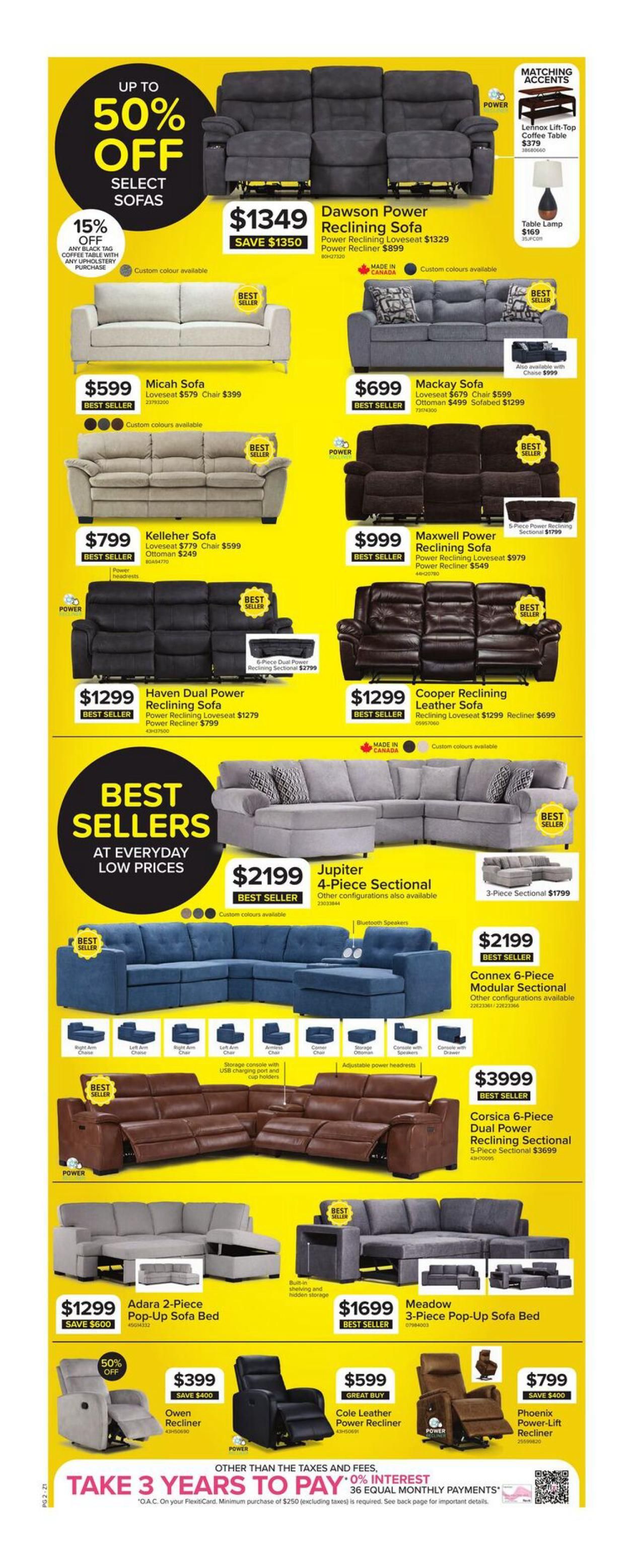 Leon's Spring Comfort Sale flyer, page 2. Features up to 50% off select sofas. The Dawson Power Reclining Loveseat is $1349, saving $1350. The Micah Sofa is $599, with a loveseat for $579 and chair for $399. The Mackay Sofa is $699, with a loveseat for $679, chair for $599, ottoman for $499, and sofabed for $1299. The Kelleher Sofa is $799, with a loveseat for $779 and chair for $599, and ottoman for $249. The Maxwell Power Reclining Sofa is $999, with a power reclining loveseat for $979 and power recliner for $549. The Haven Dual Power Reclining Sofa is $1299, with a power reclining loveseat for $1279 and power recliner for $799. The Cooper Reclining Leather Sofa is $1299, with a reclining loveseat for $1299 and recliner for $699. Best Sellers section includes the Jupiter 4-Piece Sectional for $2199, with a 3-Piece Sectional for $1799. The Connex 6-Piece Modular Sectional is $2199. The Corsica 6-Piece Dual Power Reclining Sectional is $3999, with a 5-Piece Sectional for $3699. The Adara 2-Piece Pop-Up Sofa Bed is $1299, saving $600. The Meadow 3-Piece Pop-Up Sofa Bed is $1699. Recliners include the Owen Recliner for $399, saving $400, and the Cole Leather Power Recliner for $599 (Great Buy). The Phoenix Power-Lift Recliner is $799, saving $400. Also featured are matching accents like the Lennox Lift-Top Coffee Table for $379 and a Table Lamp for $169. Financing offer: Take 3 years to pay with 0% interest on 36 equal monthly payments. Custom colours are available for many items. Power headrests and USB charging ports are featured options.